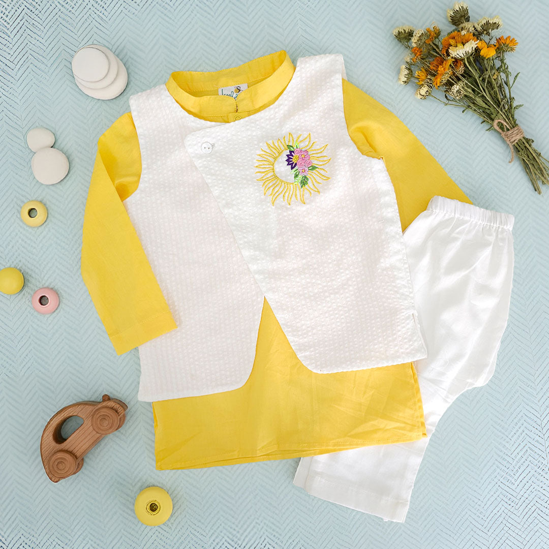 Yellow – Cotton Sun Embroidered Jacket Kurta and White Pajama Pants Set