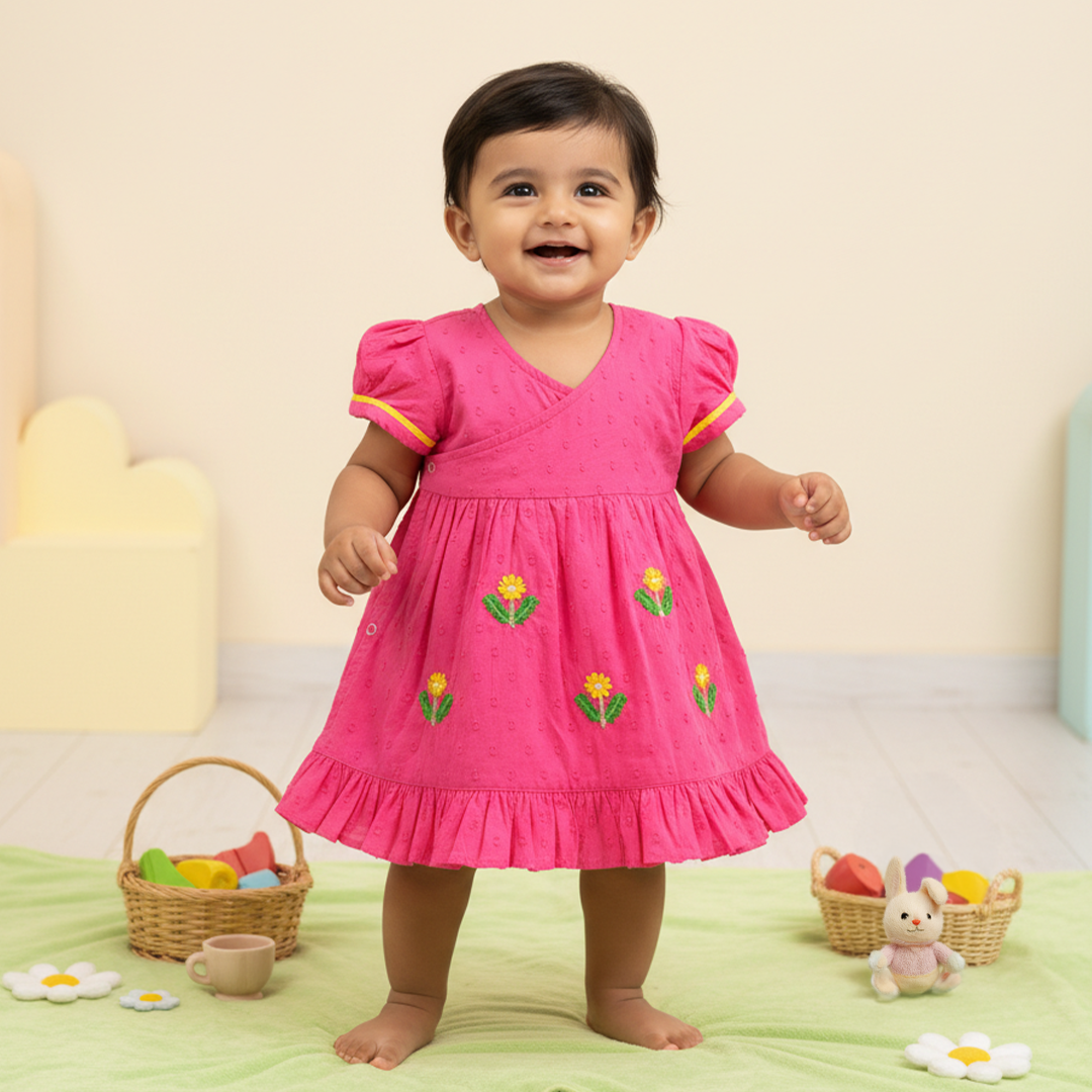 Embroidered Hot Pink Wrap Dress - Yellow Bloom