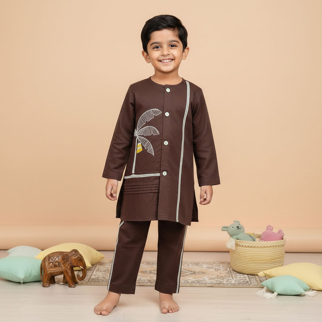 Embroidered Choco Brown Kurta and Pajama Pants Set - Plantain