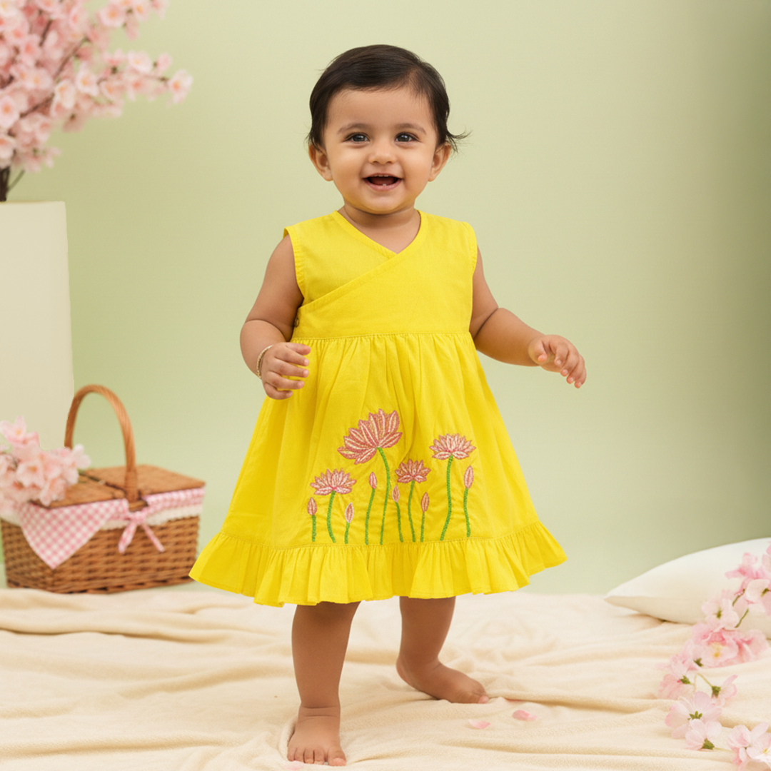Embroidered Yellow Wrap Dress - Lotus Pond