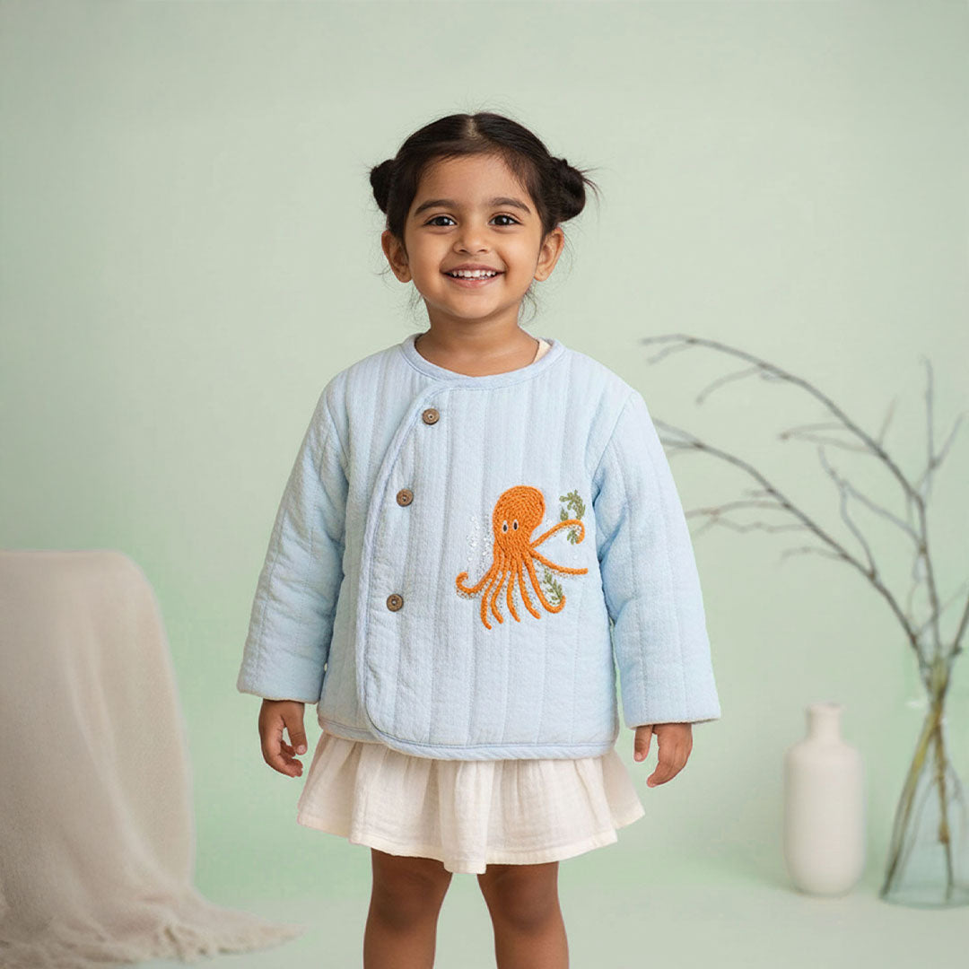 Octopus – Cotton Embroidered Baby Blue Button Up Quilted Jacket