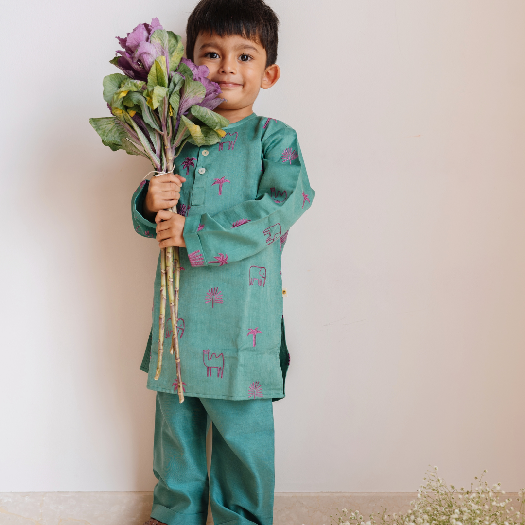 Chanderi Kurta Pyjama Set - Tota Udd Embroidered