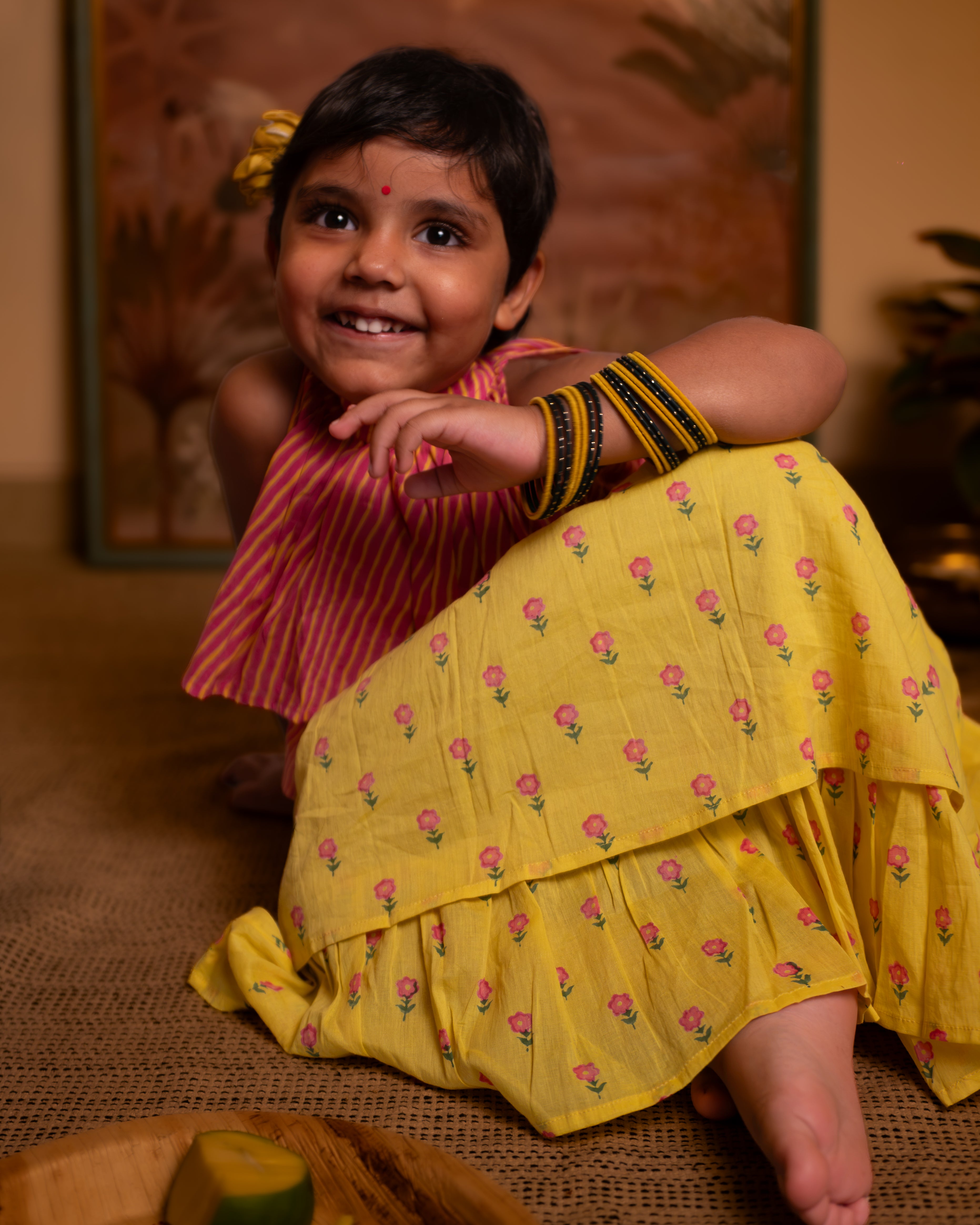 Meera Pink Striped Halter Choli & Yellow Booti Lehenga Set