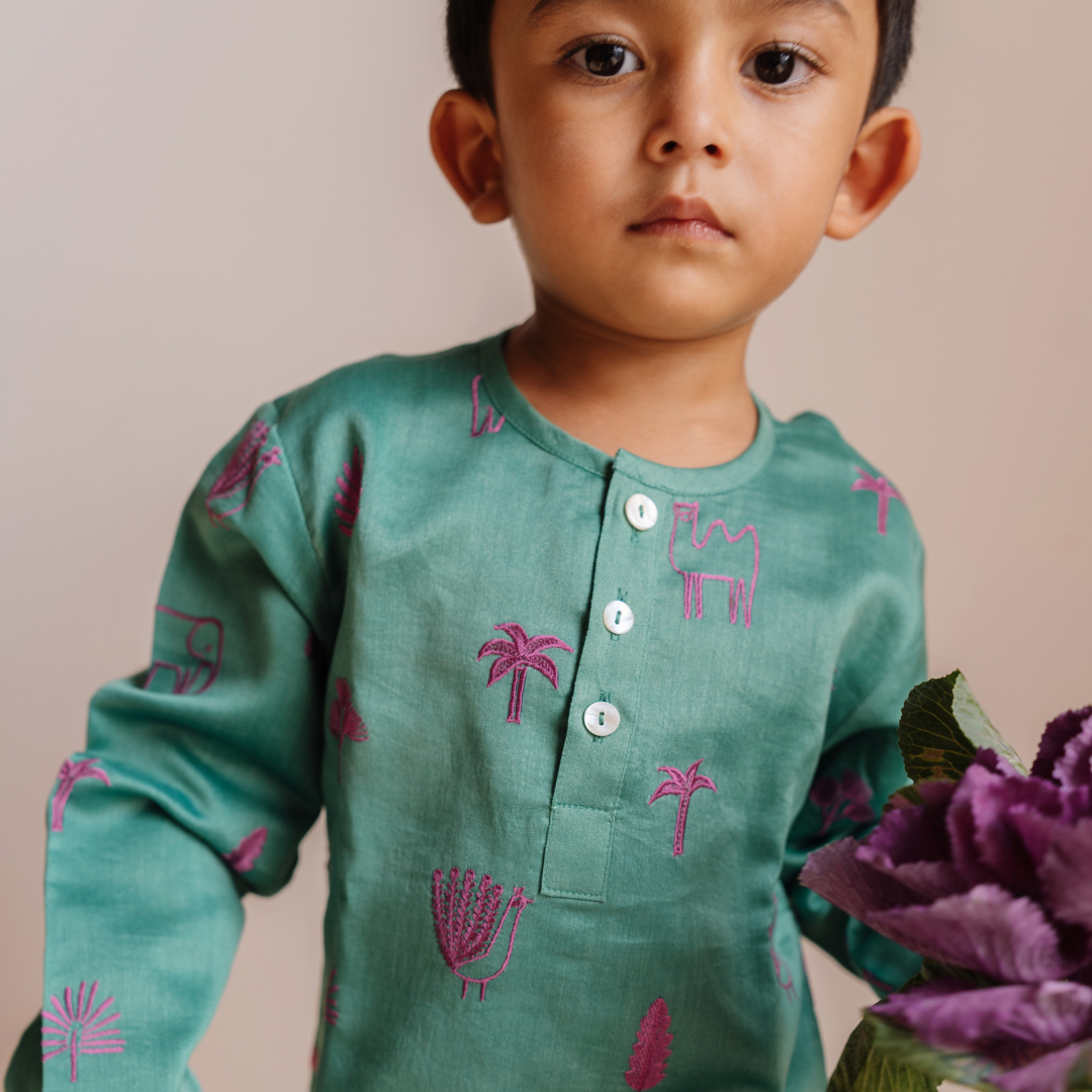 Chanderi Kurta Pyjama Set - Magical Jungle Embroidered