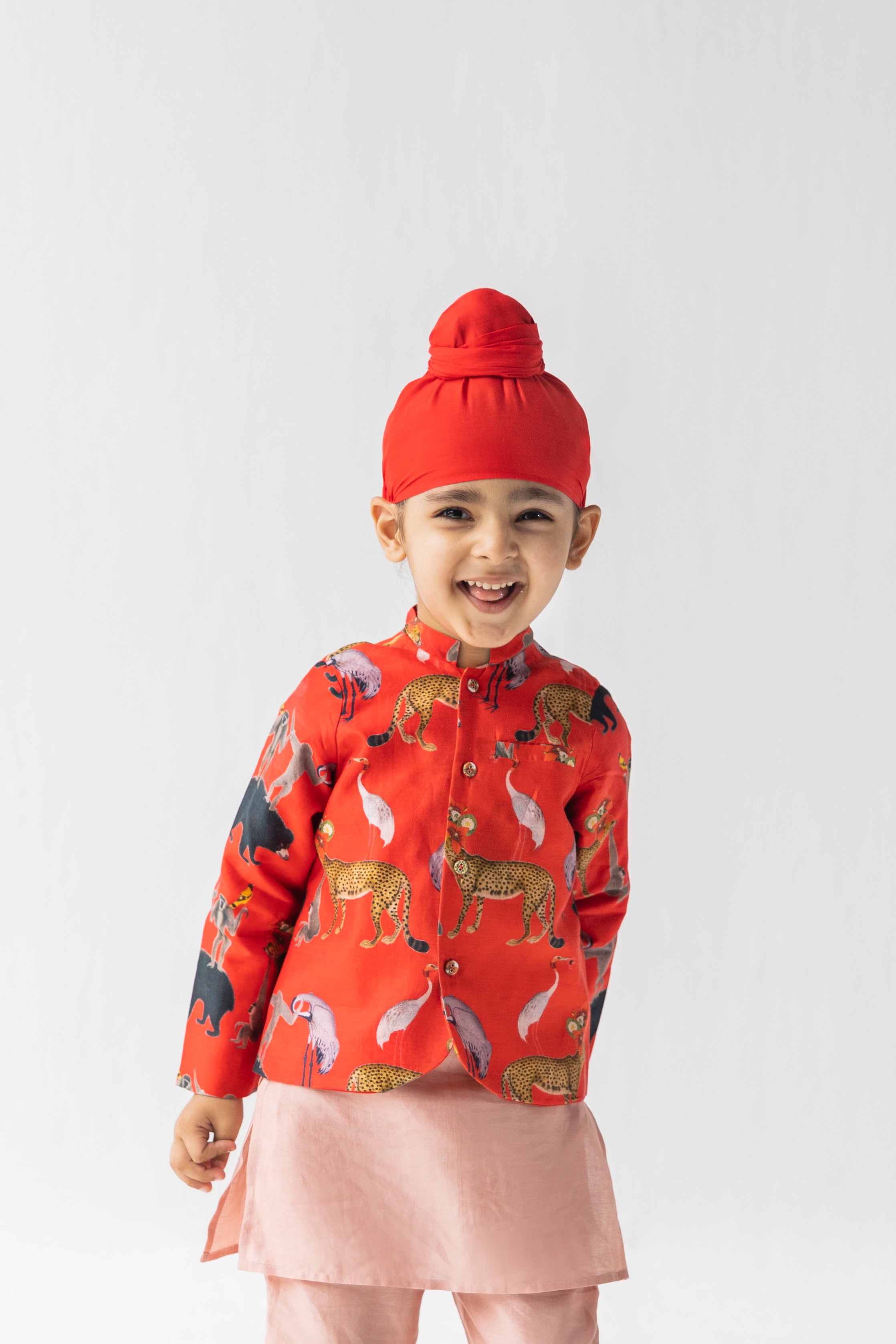 Red And Blush Chidiya Ghar Ki Sair Bandhgala, Kurta And Pyajama Set