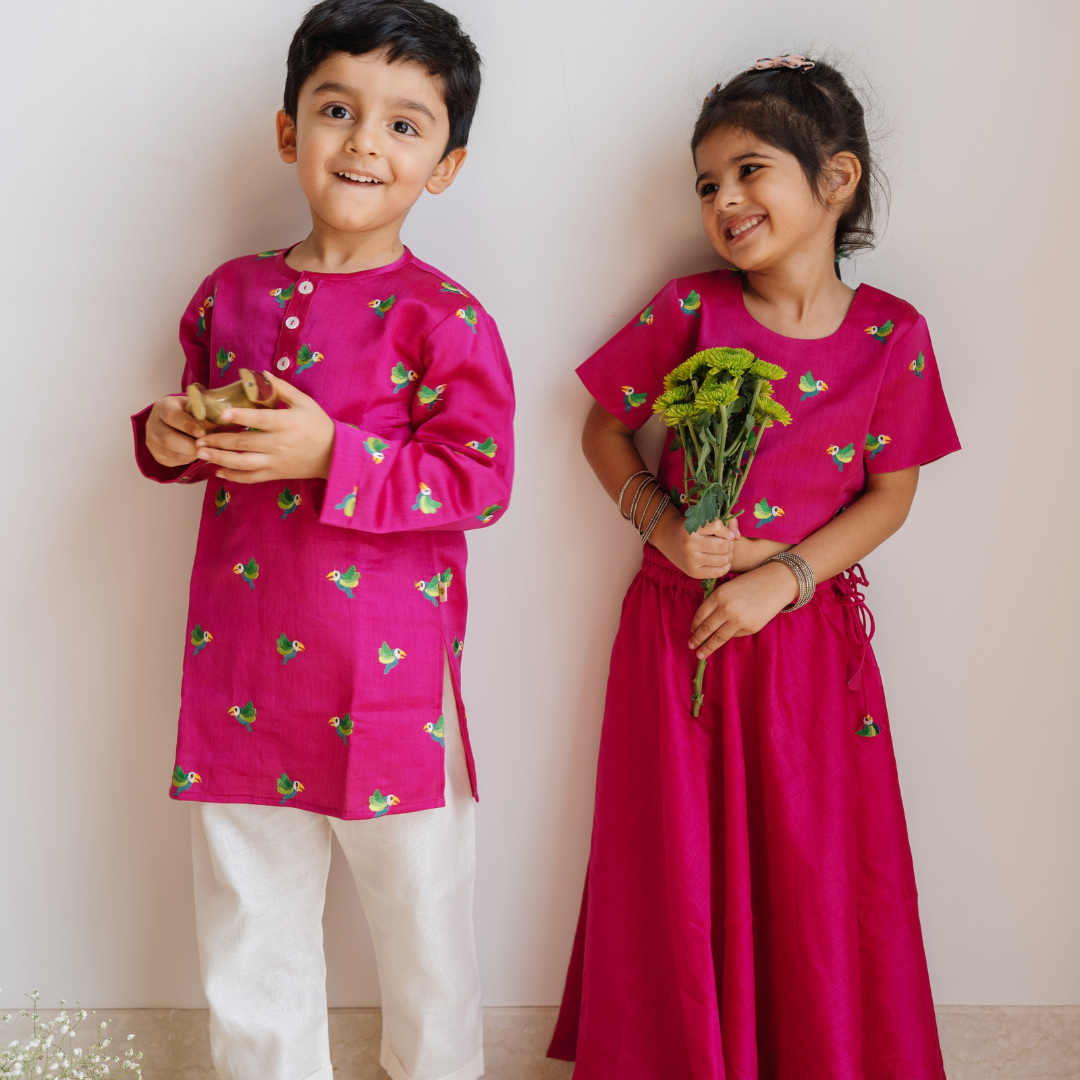 Chanderi Kurta Pyjama Set | Embroidered - Tota Udd
