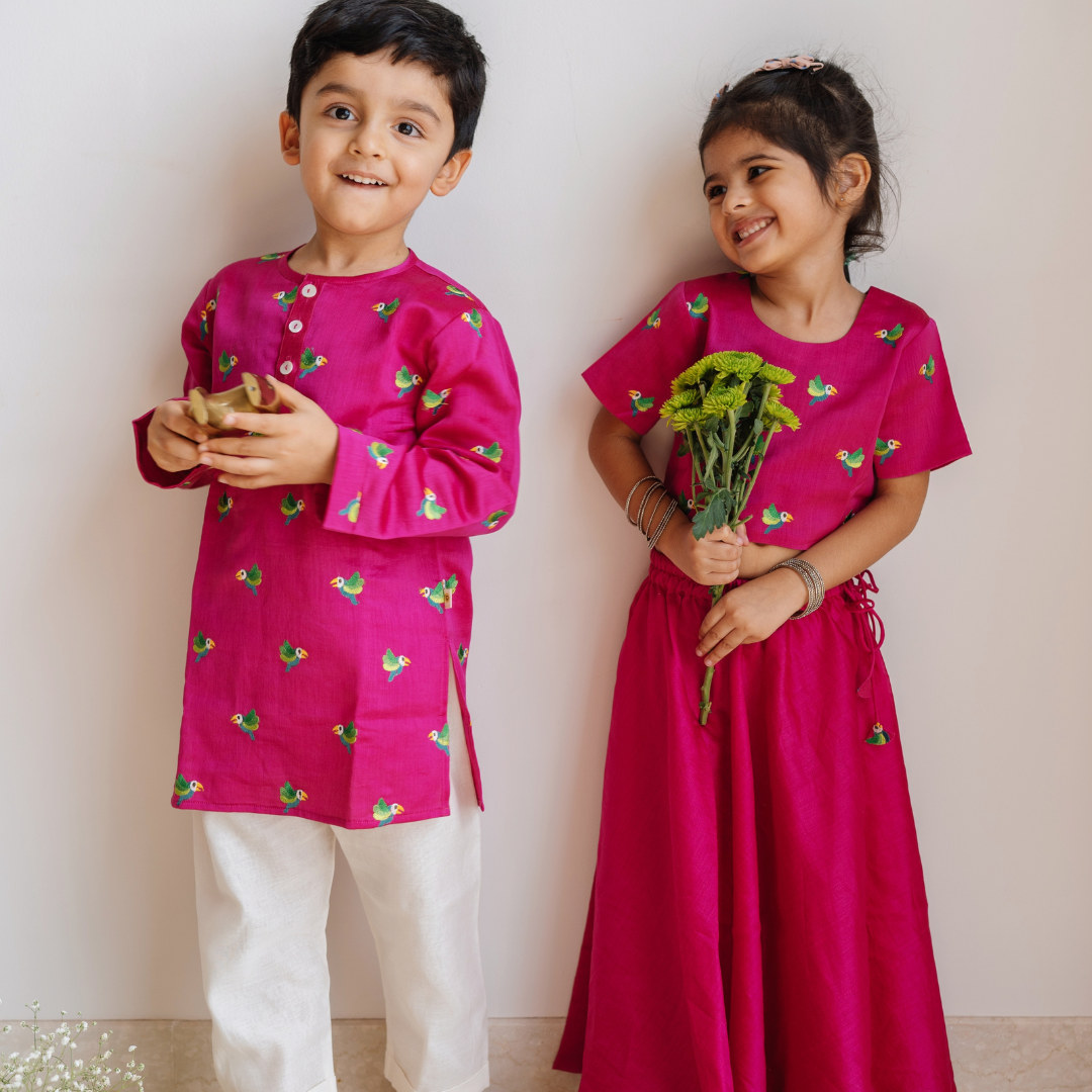 Chanderi Kurta Pyjama Set - Magical Jungle Embroidered