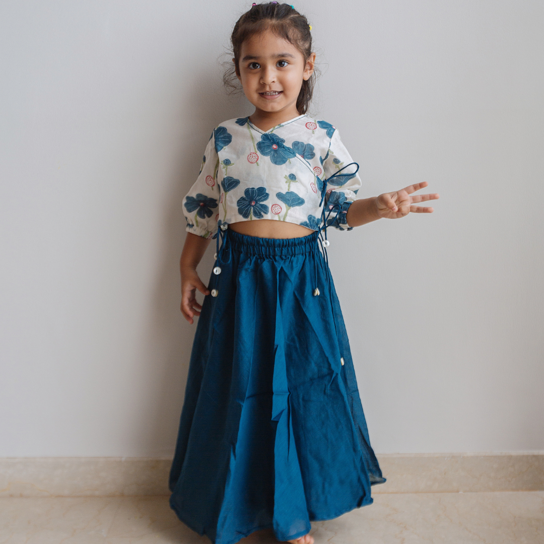 Poppy Fields - Chanderi Lehenga Set| Handblock Printed - Sapphire