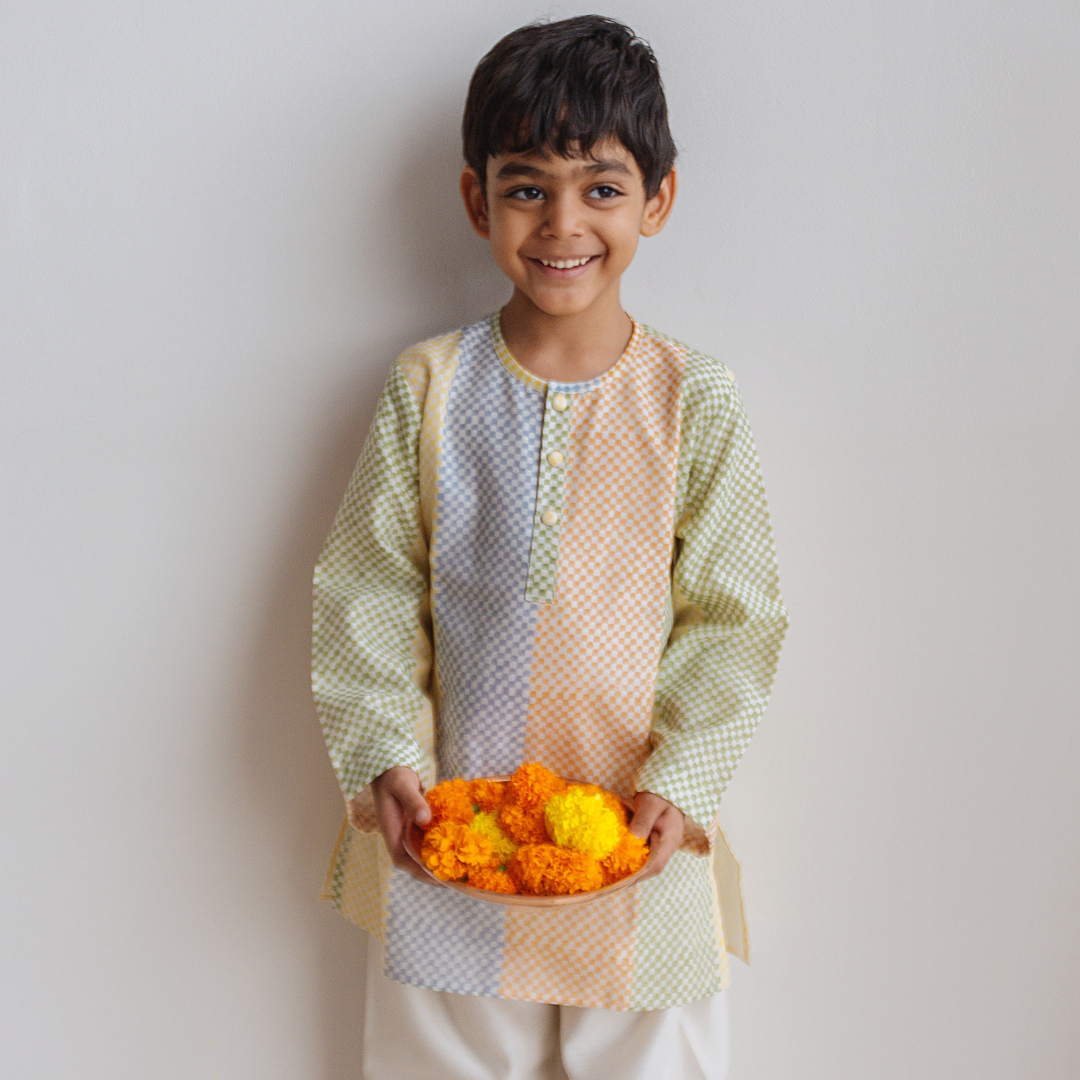 Spot The Checks - Chanderi Kurta Pyjama Set| Hand-Block printed