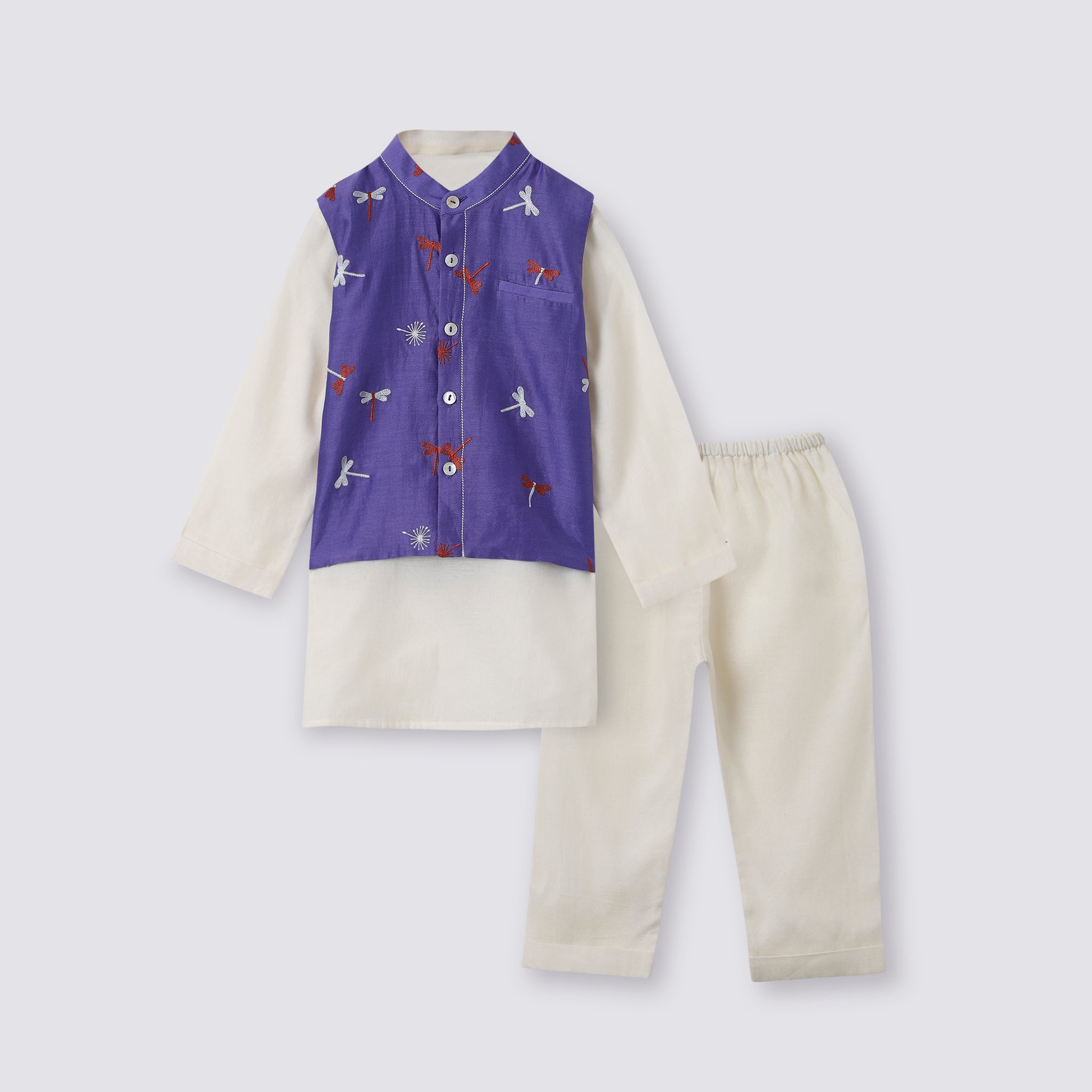 Chanderi Kurta Pyjama & Bandi Set | Embroidered - Dancing with Dragonflies (Amethyst)