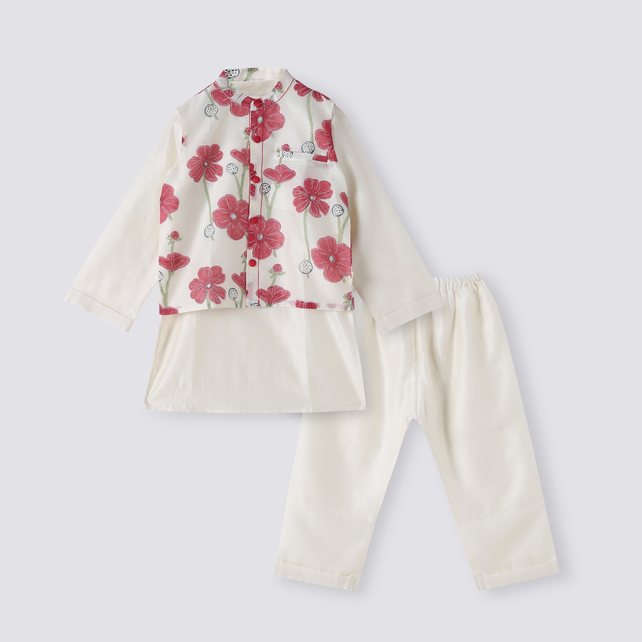 Chanderi Kurta Pyjama & Bandi Set - Poppy Fields (Ruby)