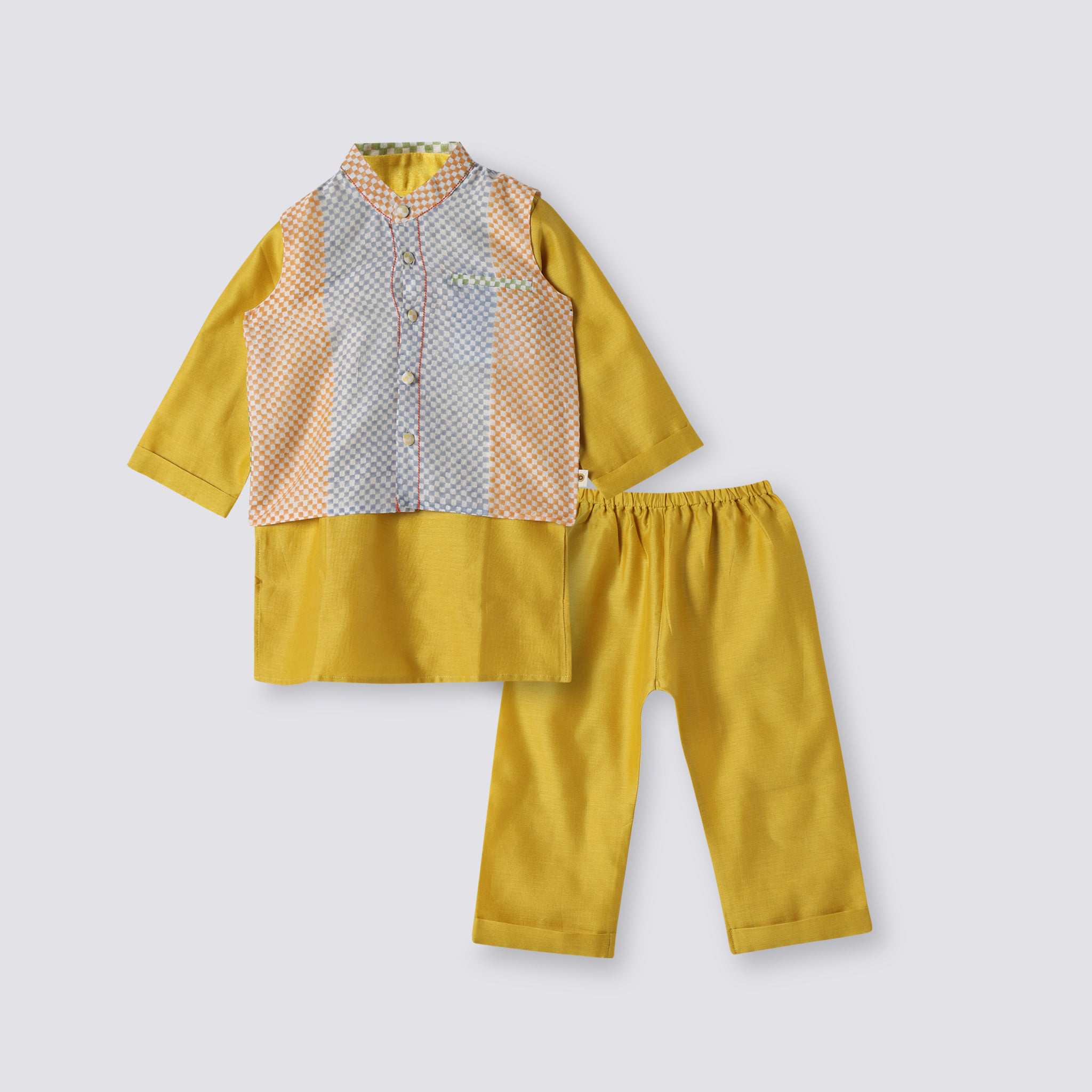 Chanderi Kurta Pyjama & Bandi Set - Spot the Checks (Mango)