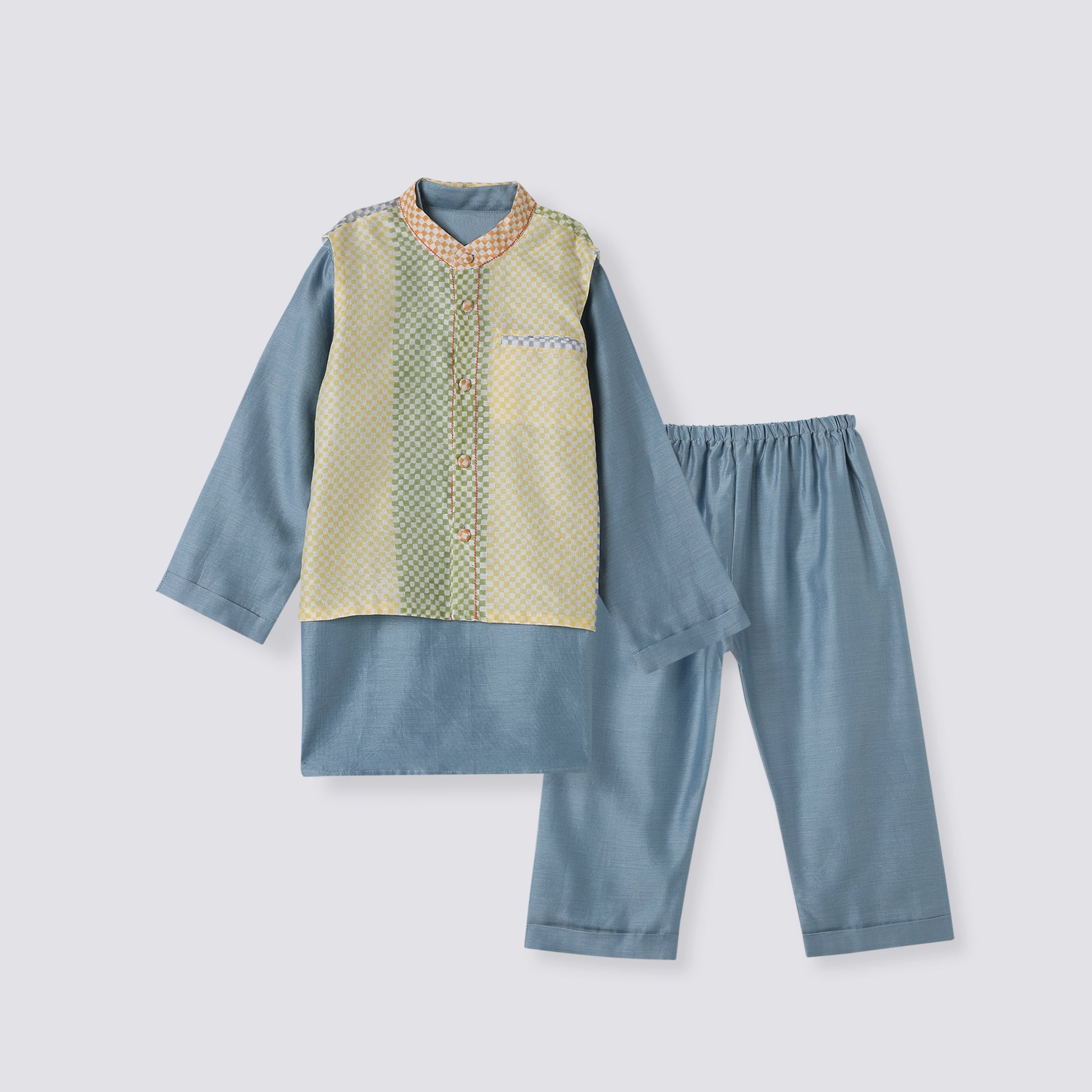 Chanderi Kurta Pyjama & Bandi Set - Spot the Checks (Sky)