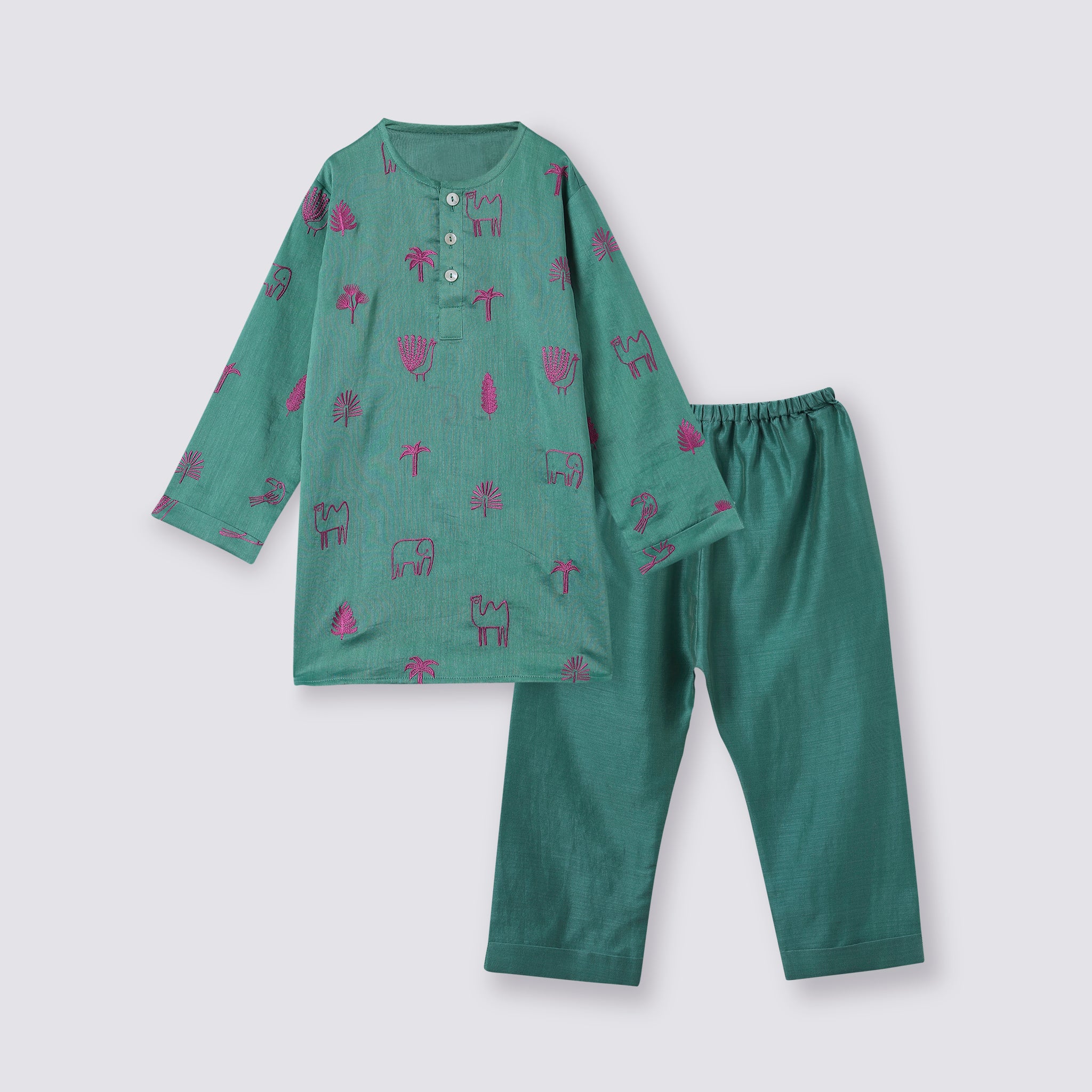 Chanderi Kurta Pyjama Set | Embroidered - Magical Jungle (Emerald)