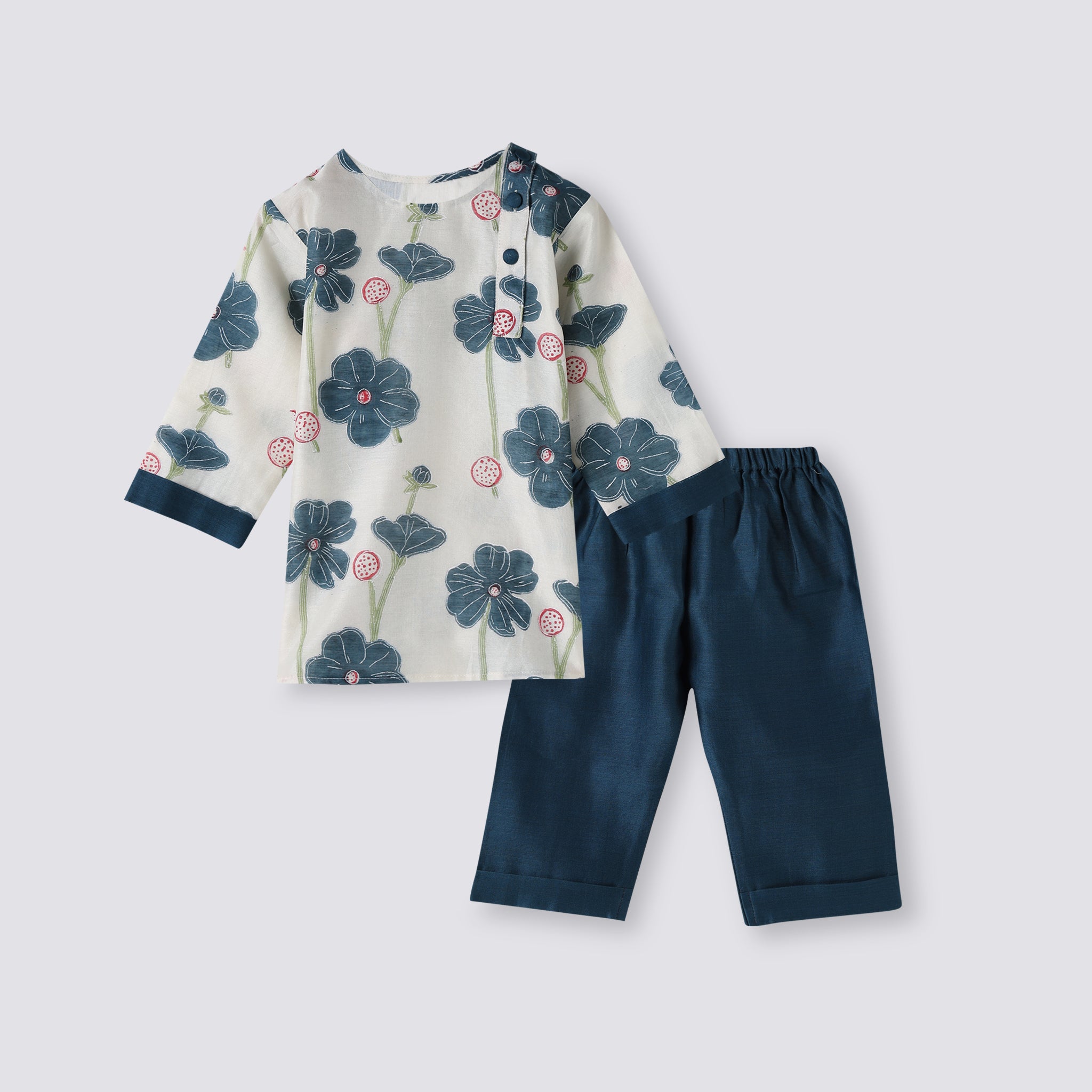 Chanderi Kurta Pyjama Set - Poppy Fields (Sapphire)