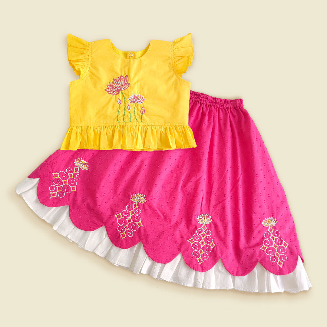 Embroidered Yellow and Hot Pink Lehenga Set - Lotus Pond