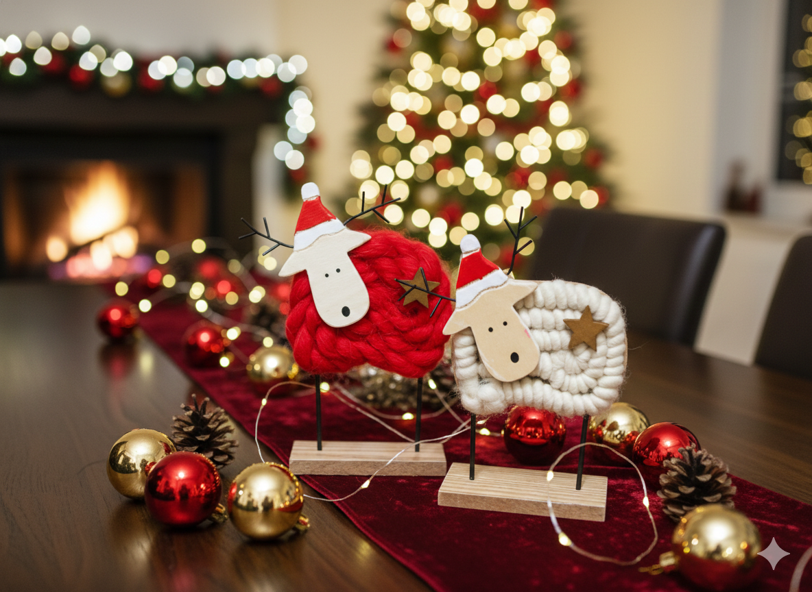 LAMMAS - pack of 2 red and white Wool & Wood Festive Critters