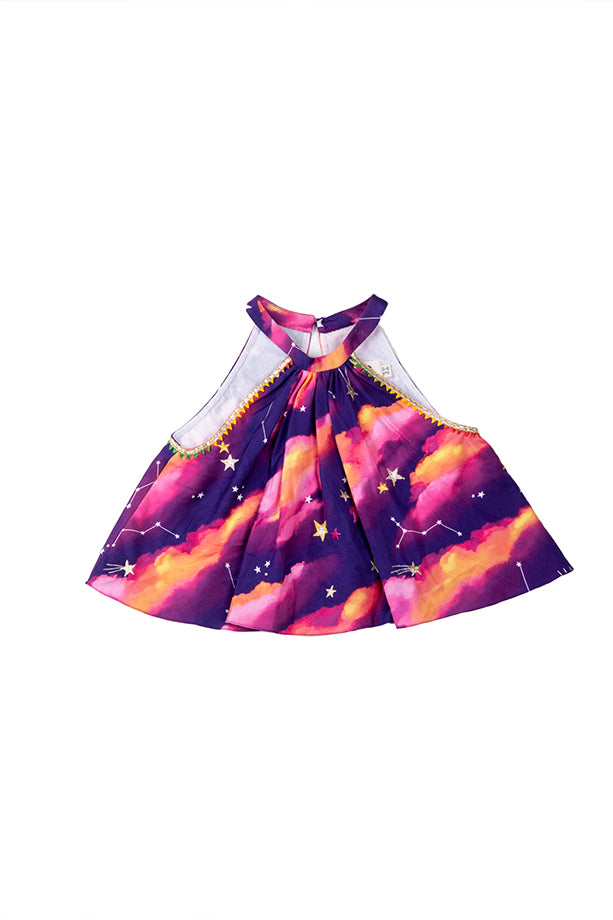 Sky Is The Limit Purple Layered Lehenga and Halter Neck Blouse Set for Girls Little Shiro