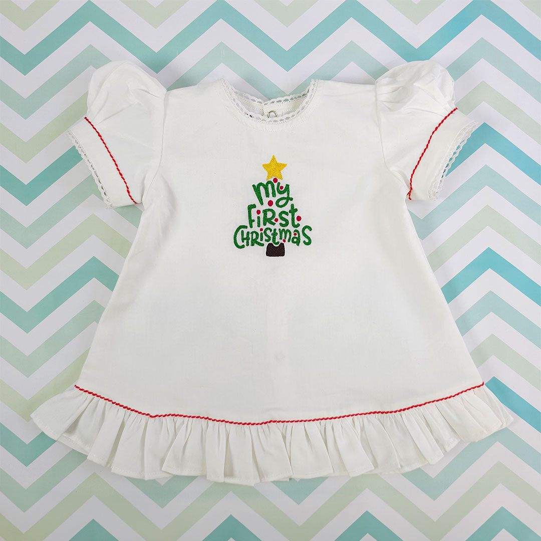 Embroidered White Puff Sleeve Dress - 'My First Christmas'