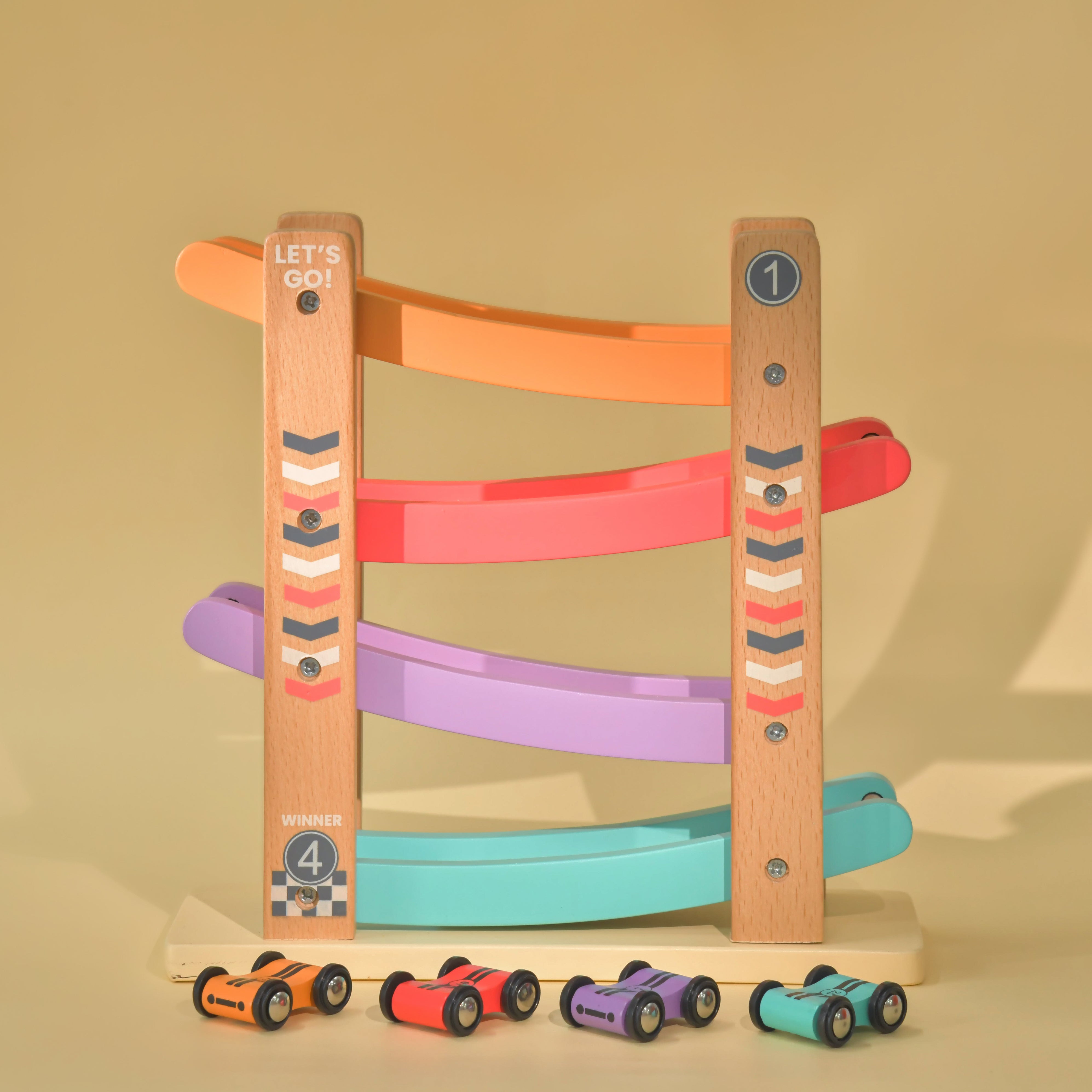 Speedy Wheels Wooden Ramp Racer Toy with 4 Car Ramps, 4 Mini Cars - Wood Race Track for 1 to 7 Years Toddlers, Boys & Girls – Educational Vehicle Toys- Multi Color