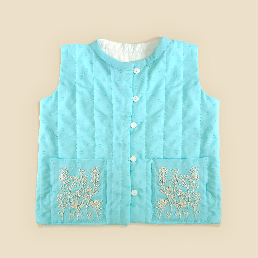 Frosty Plants - Cotton Embroidered Turquoise Blue Quilted Vest with Pockets