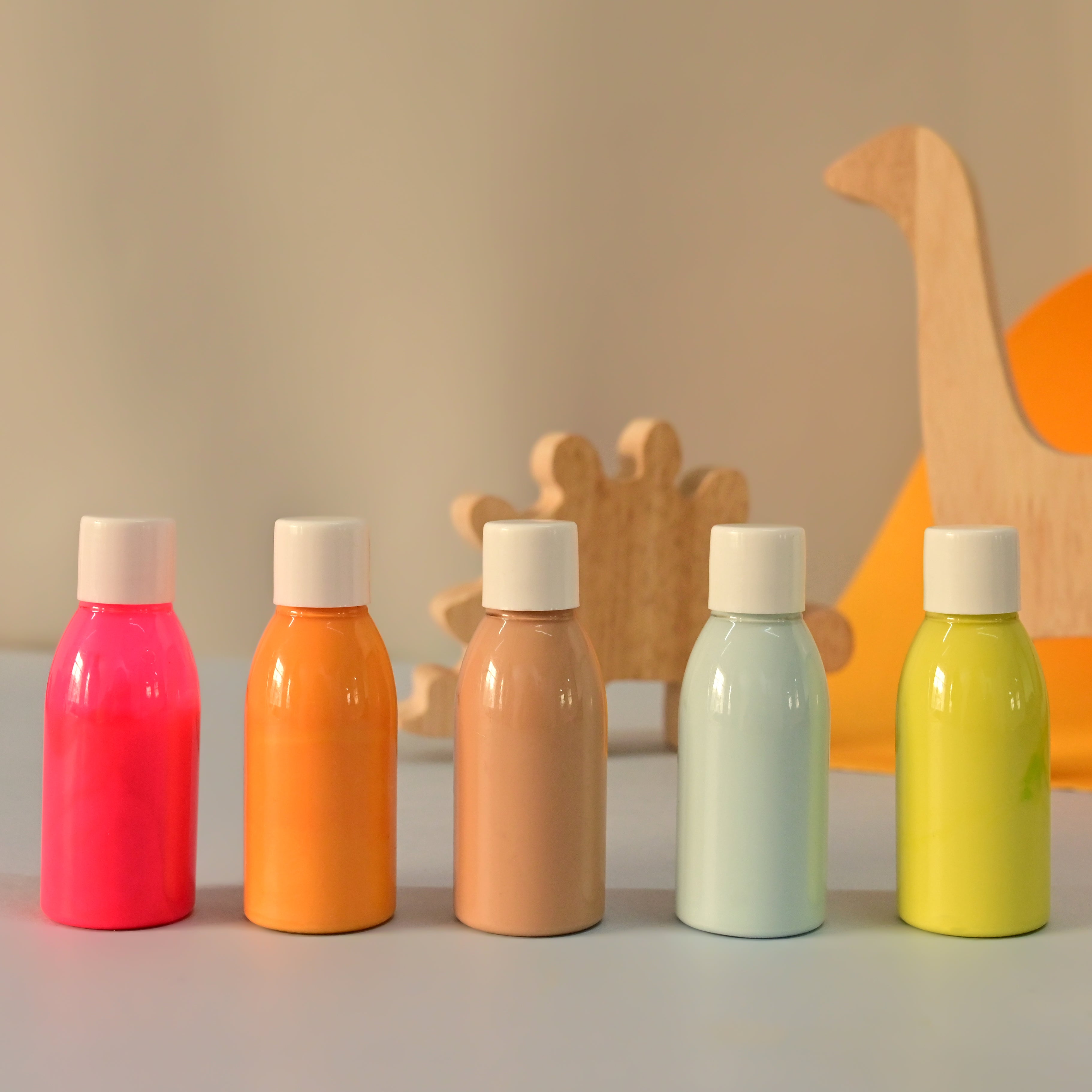 DIY Kit-Dino Set of 2- 2 Wooden Dinosaurs, 5 Color Bottles, 2 Paint Brush, 2 Sponge Brush with different size