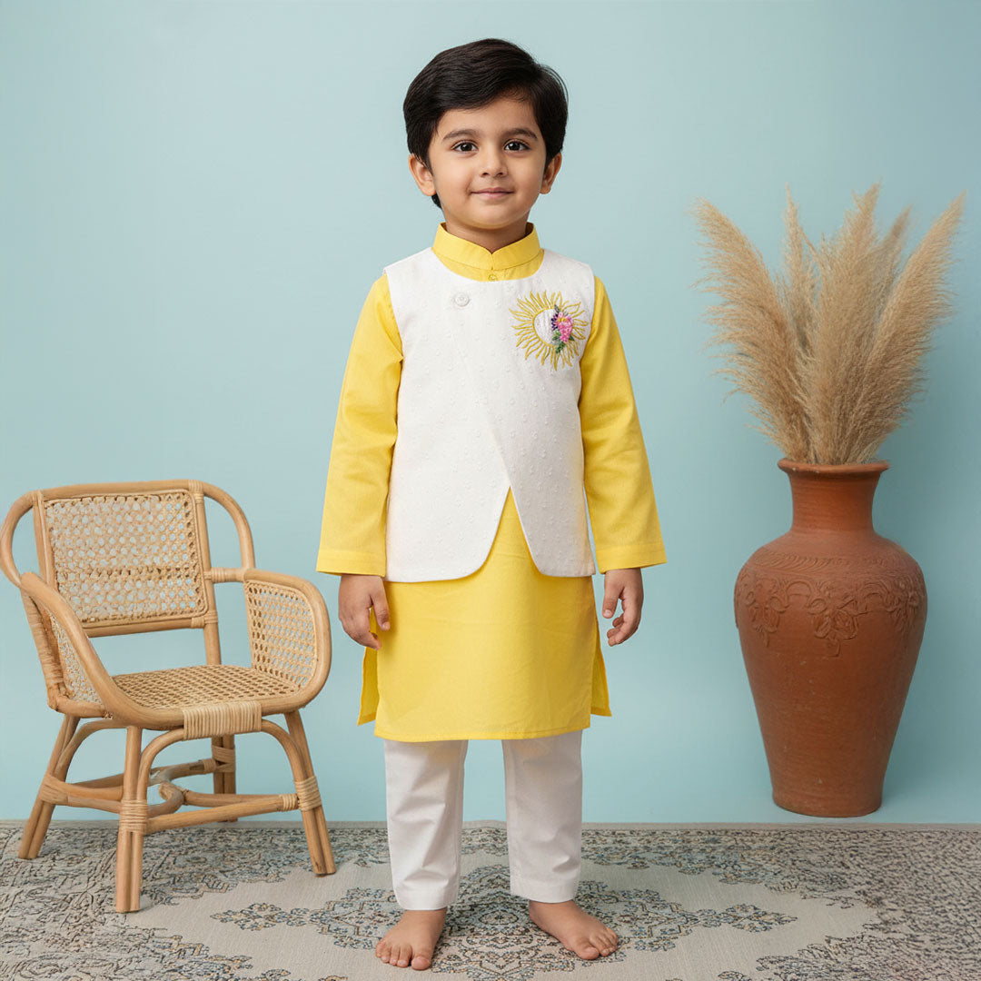 Yellow - Cotton Sun Embroidered Jacket Kurta and White Pajama Pants Set