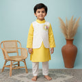Yellow - Cotton Sun Embroidered Jacket Kurta and White Pajama Pants Set