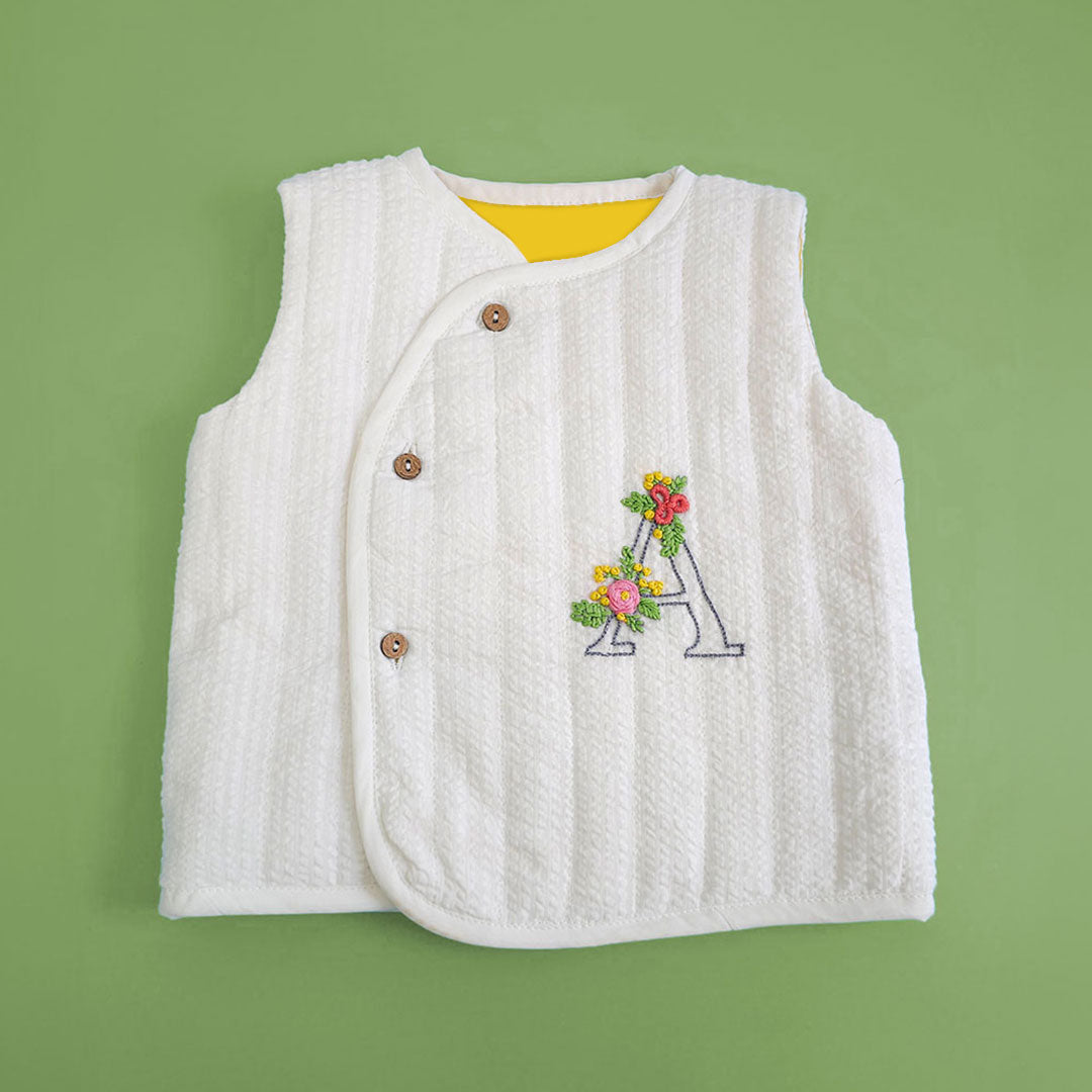 Your Baby's Initial – Cotton Embroidered White Button Up Quilted Vest