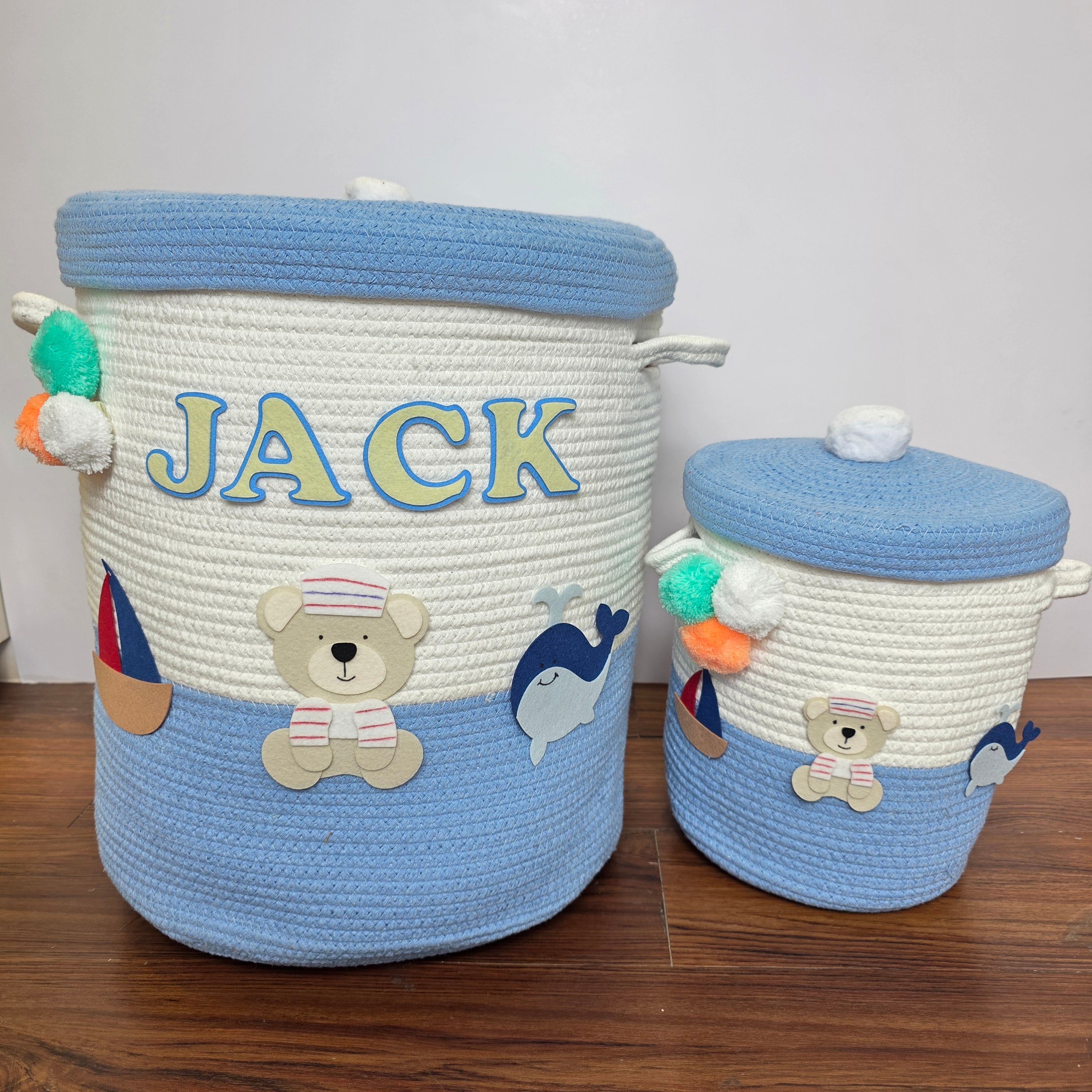 Jute Cotton Storage Basket with Lid - Seaside Skies