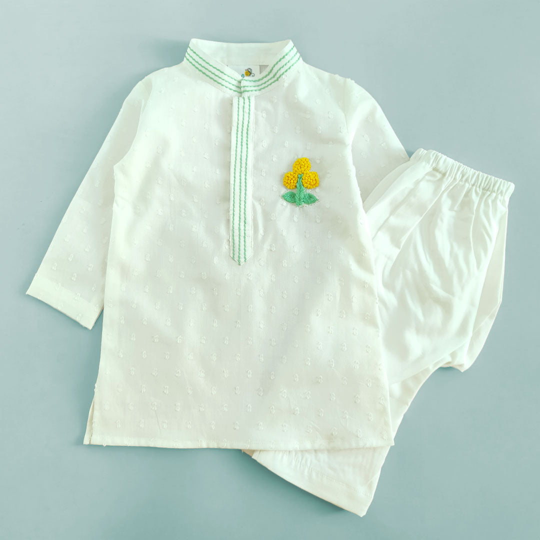 Embroidered White Kurta paired with Pajama Pants - Marigold