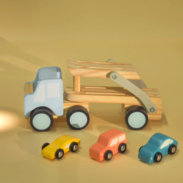 Car Carrier Truck and Cars Wooden Toy Set With 1 Carrier Truck and 3 Cars