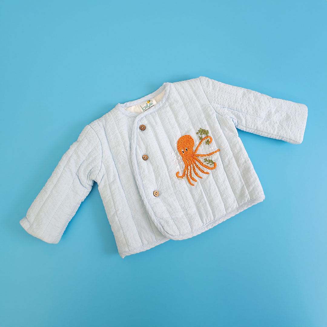 Octopus - Cotton Embroidered Baby Blue Button Up Quilted Jacket