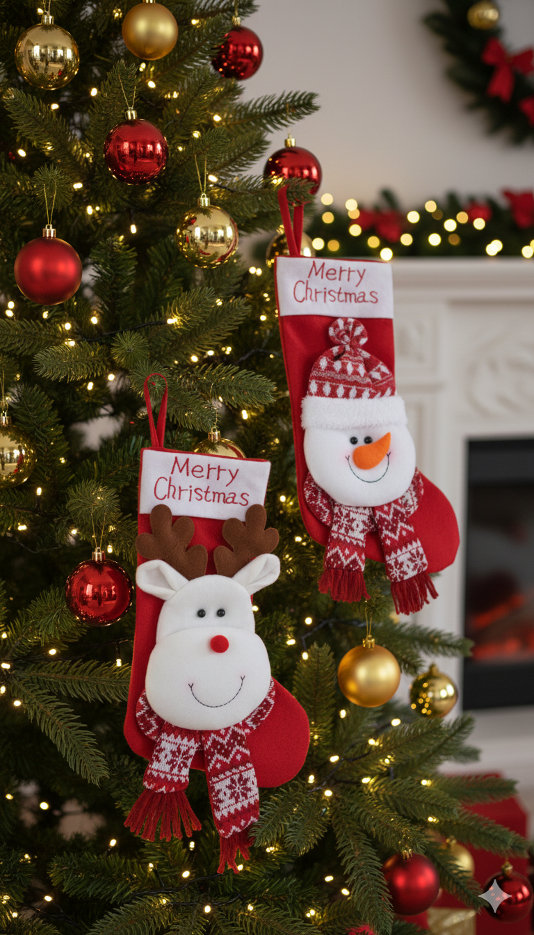VIONNE - Pack of 2 Whimsical Character Holiday Stockings - Snowman stocking (white) - Reindeer stocking (red)