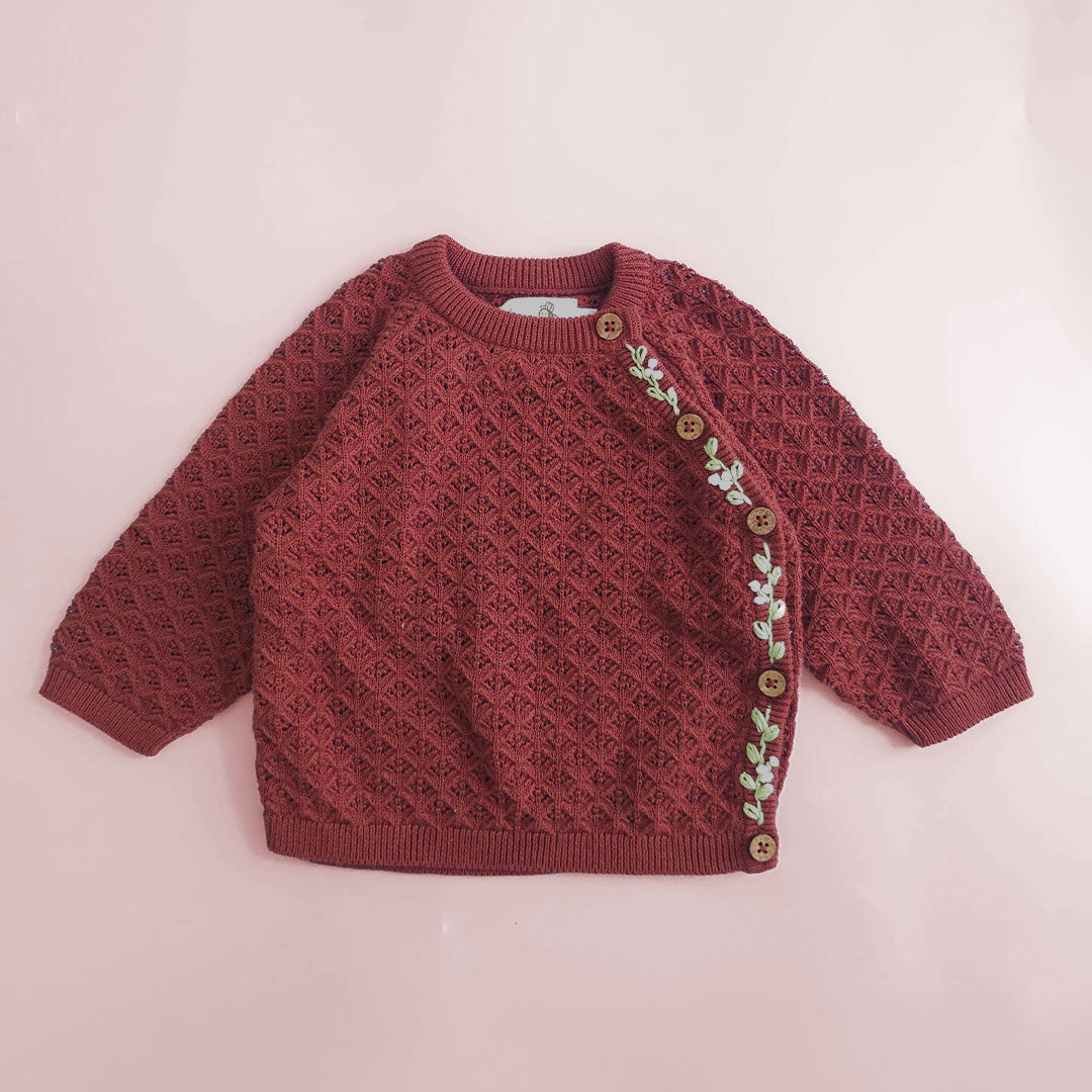 Floral Hug – Cotton Coffee Brown Hand Embroidered Wrap Style Double Layer Sweater