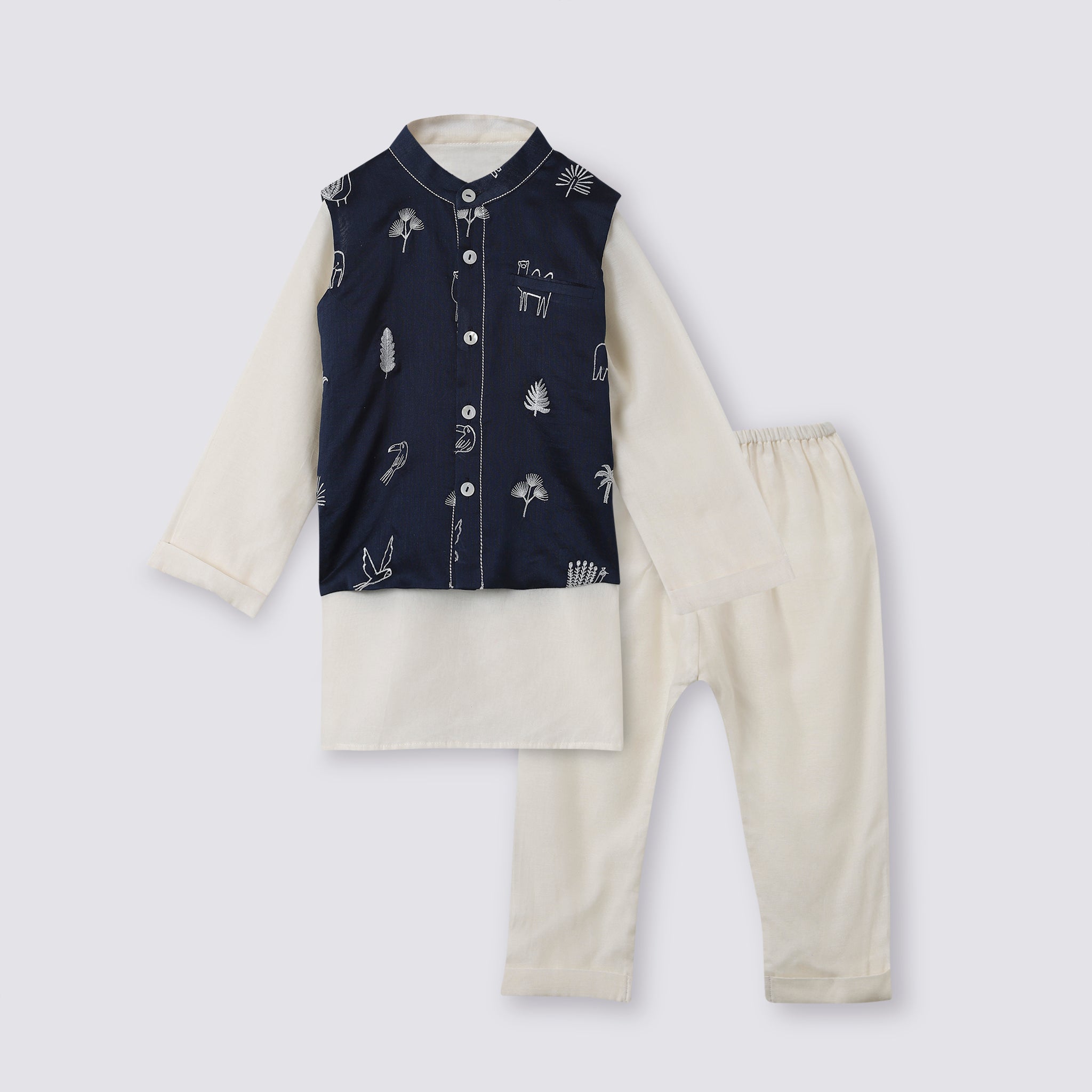 Chanderi Kurta Pyjama & Bandi Set | Embroidered - Magical Jungle (Royal Blue)