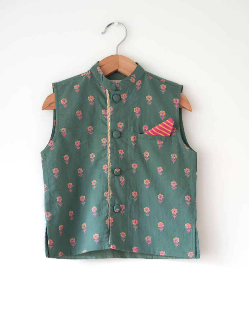 Kopal Green Floral Booti Cotton Bandi Jacket