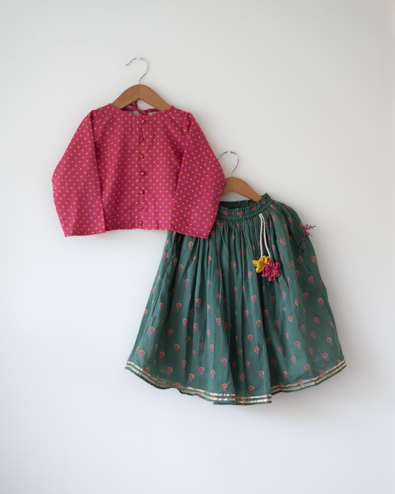 Kopal Magenta Polka Blouse & Green Floral Booti Lehenga Set
