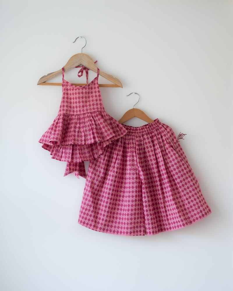 Mishri Pink Rhombus Halter Top & Wide-Leg Palazzo Set