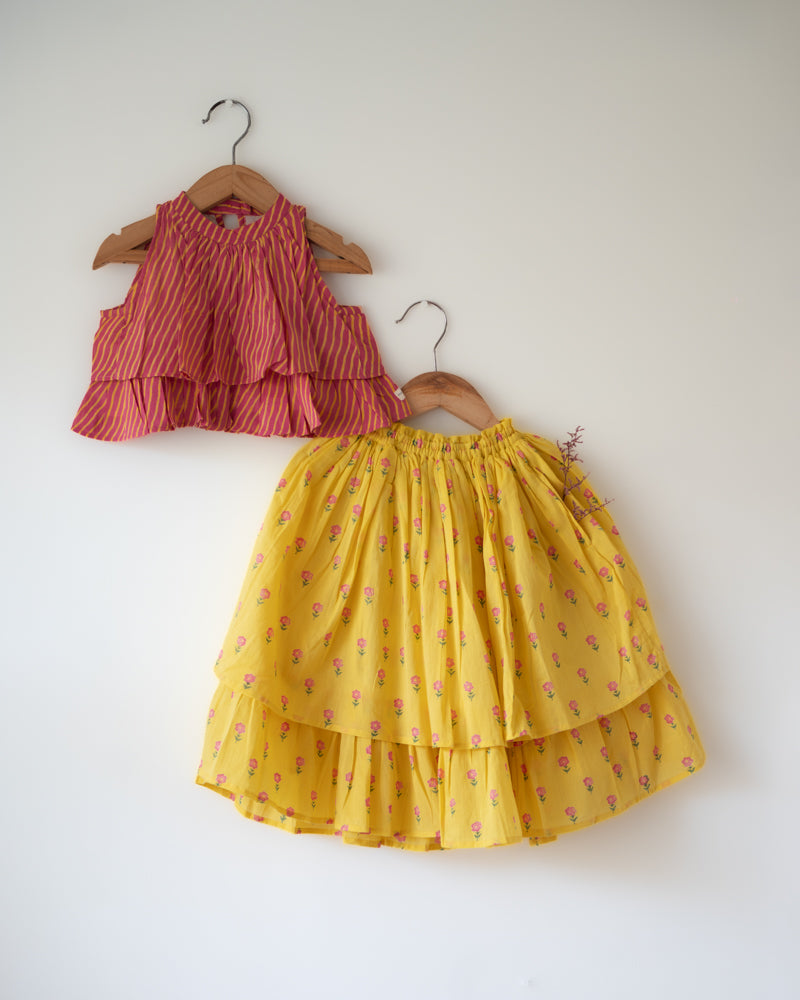 Meera Pink Striped Halter Choli & Yellow Booti Lehenga Set