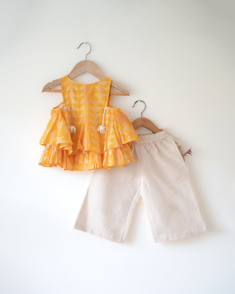 Chandan Mustard Ruffle Top & Off-White Palazzo Set
