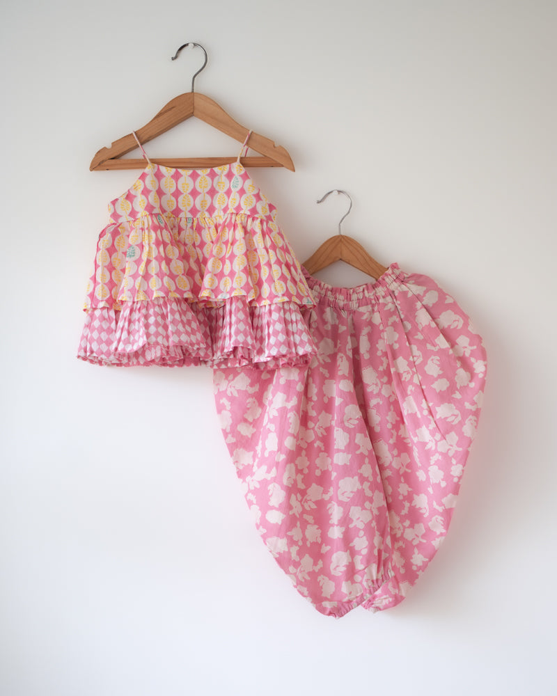 Leela Pink Floral Flared Top & Cowl Dhoti Pants Co-ord Set