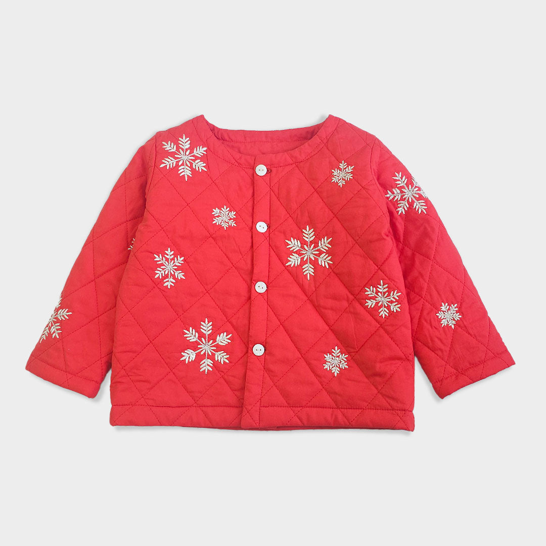 Snowflakes – Cotton Embroidered Red Button Up Quilted Jacket