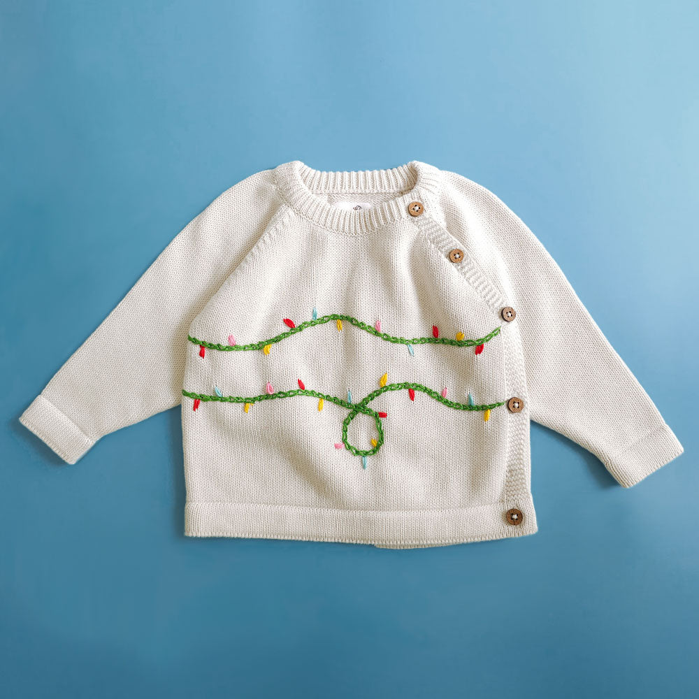Twinkle Lights – Cotton Hand Embroidered Holiday White Sweater
