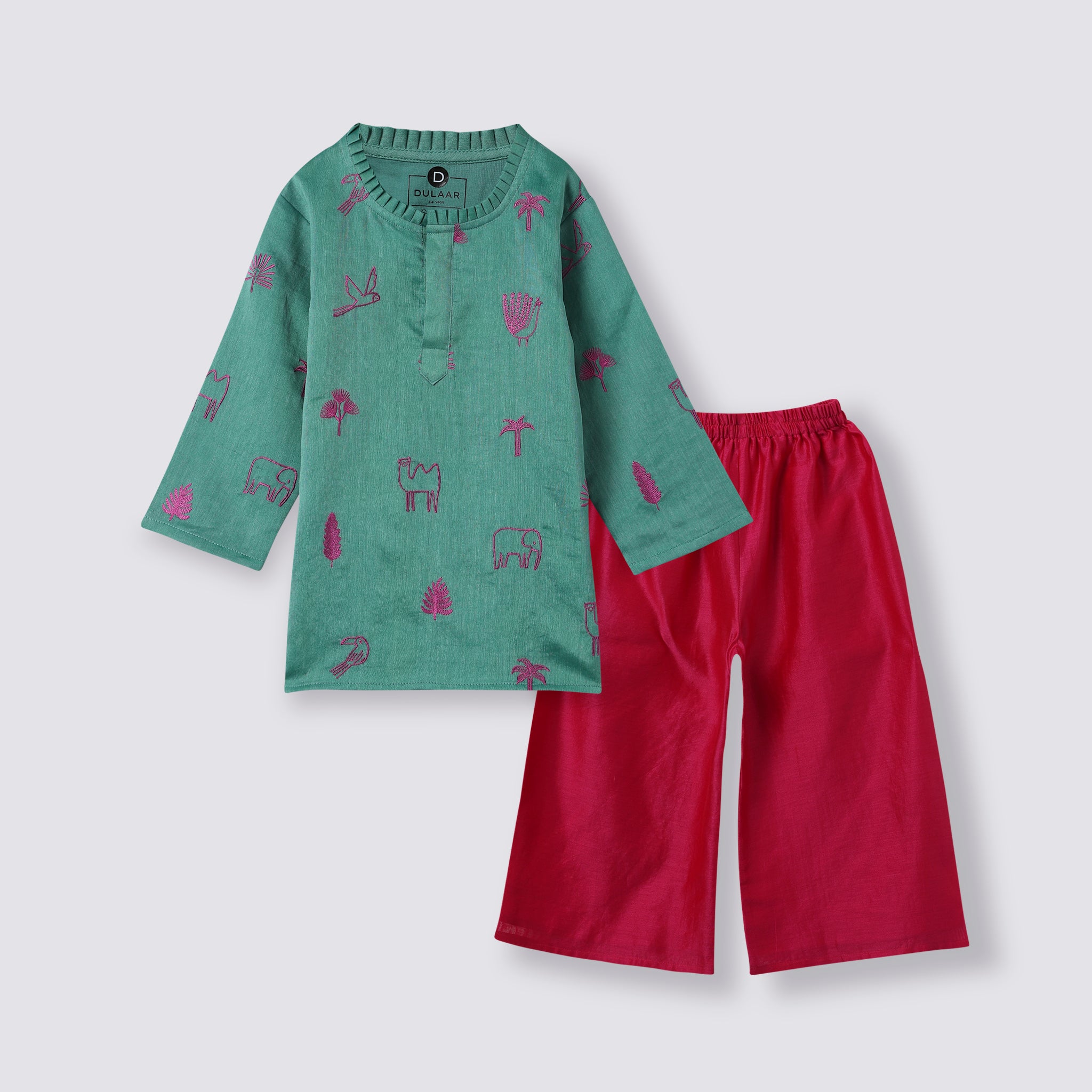 Chanderi Kurti Pants Set | Embroidered - Magical Jungle (Emerald)