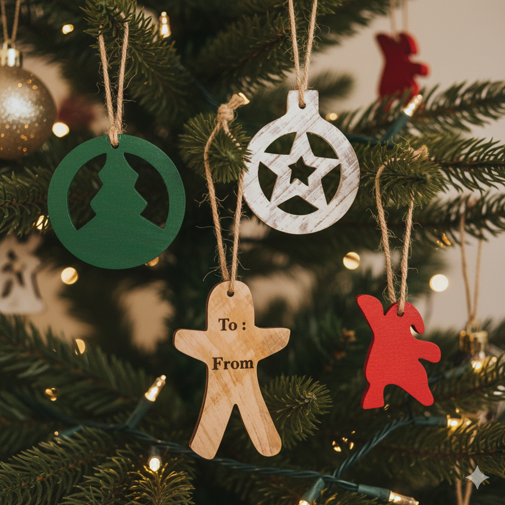 HERMES - Pack of 4 Wooden Christmas Tree Ornaments - Star - Tree - Candyman - Santa