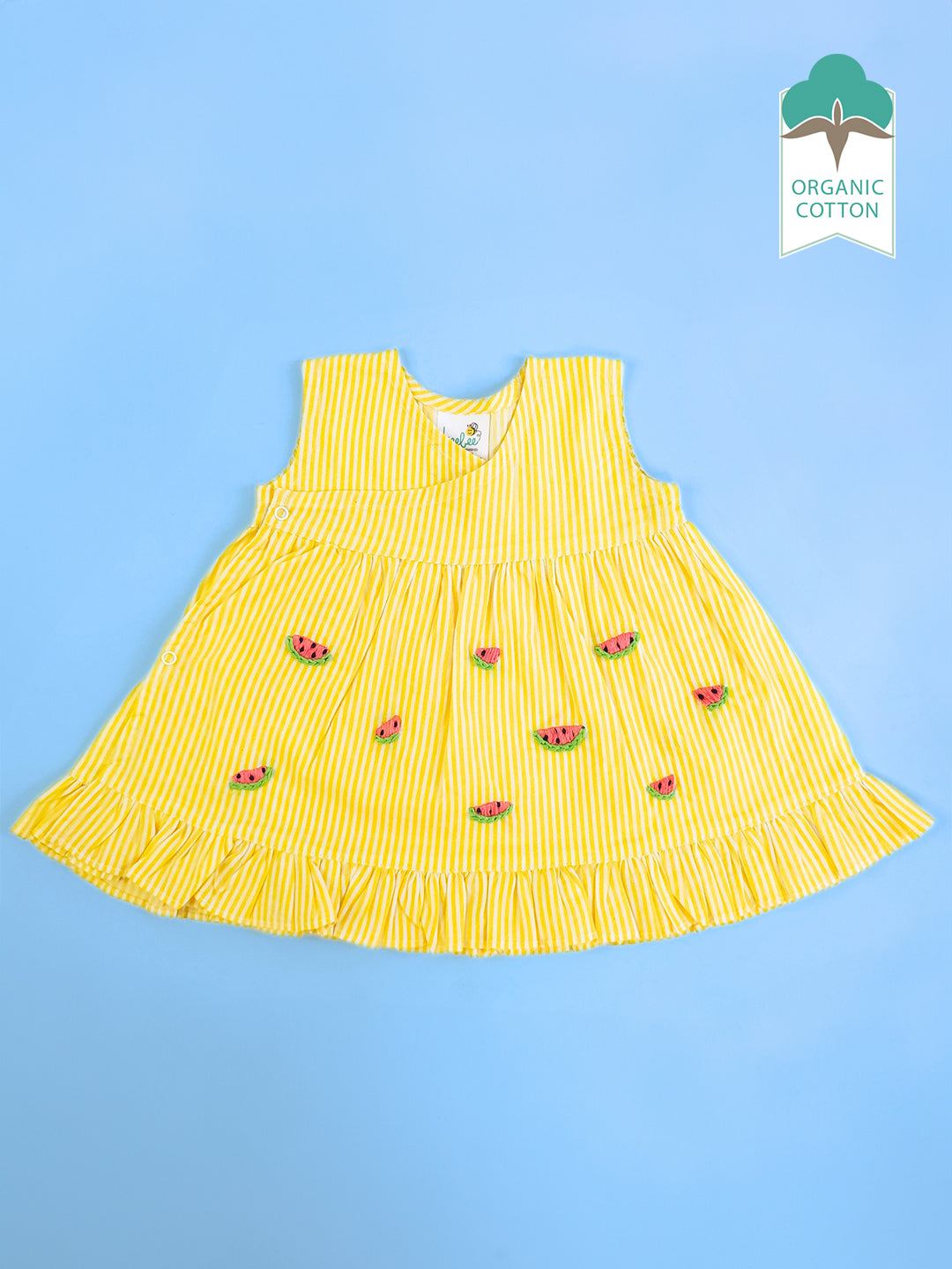 Yellow - Organic Cotton Watermelon Embroidered Girls Striped Jabla / Dress - Totdot