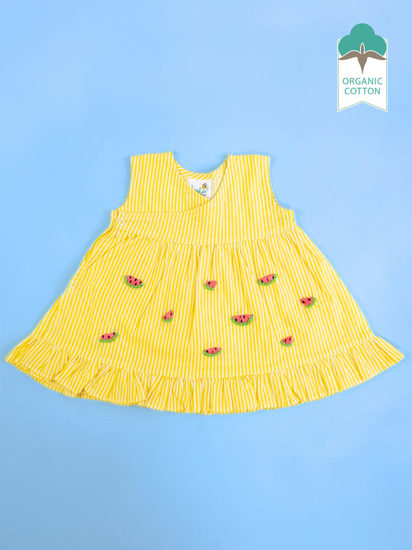 Yellow - Organic Cotton Watermelon Embroidered Girls Striped Jabla / Dress