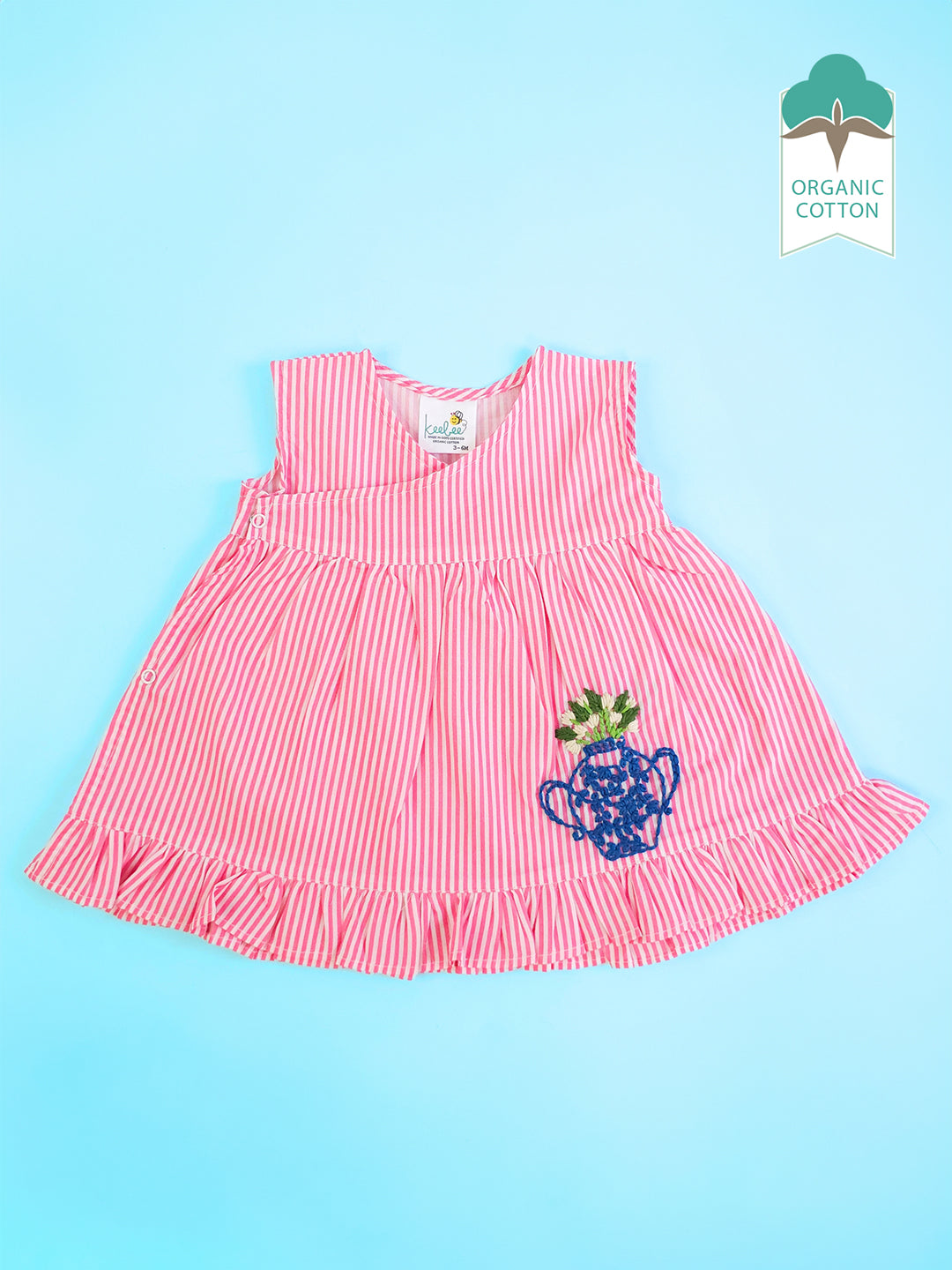 Pink - Organic Cotton Flower Pot Embroidered Girls Striped Jabla / Dress - Totdot