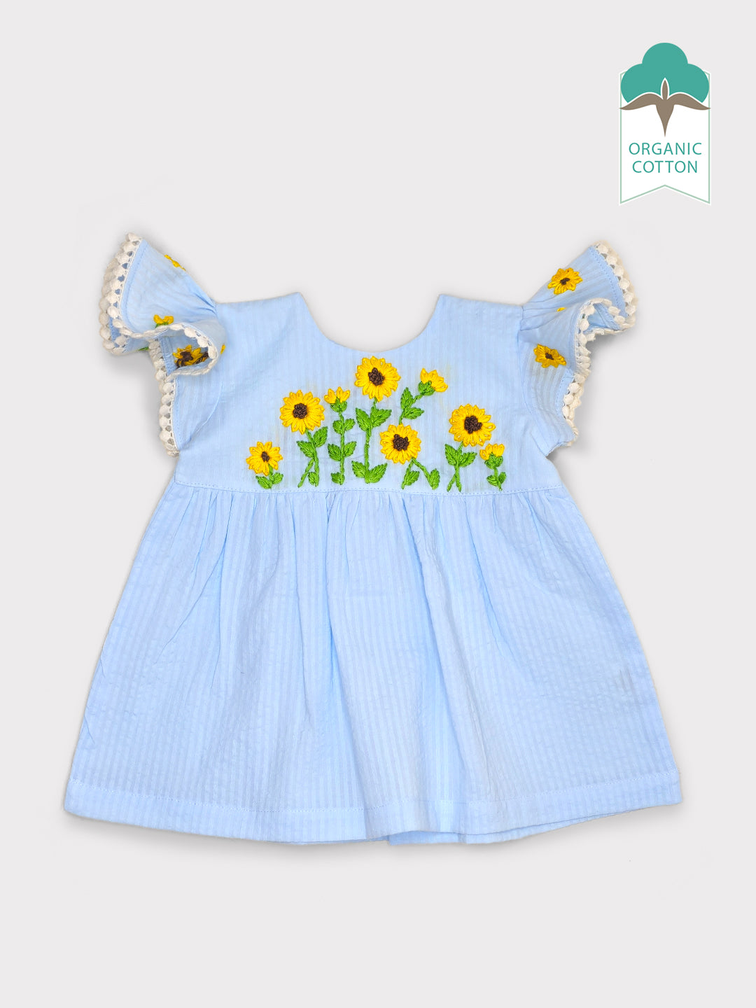 Sunflower - Organic Cotton Embroidered Girls Blue Dress - Totdot